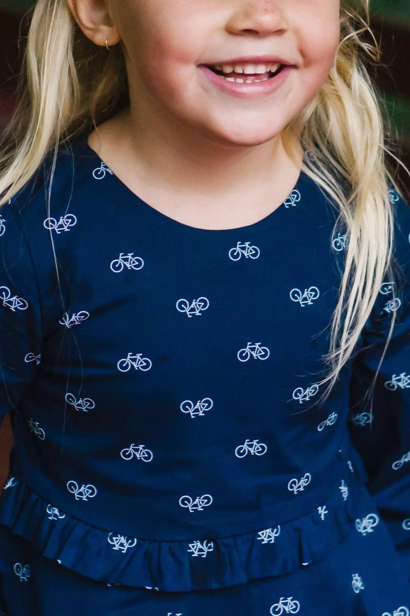Hope & Henry Organic Cotton Ruffle Waist Dress, Navy Bicycle Print, Toddler & Kids - Image 4