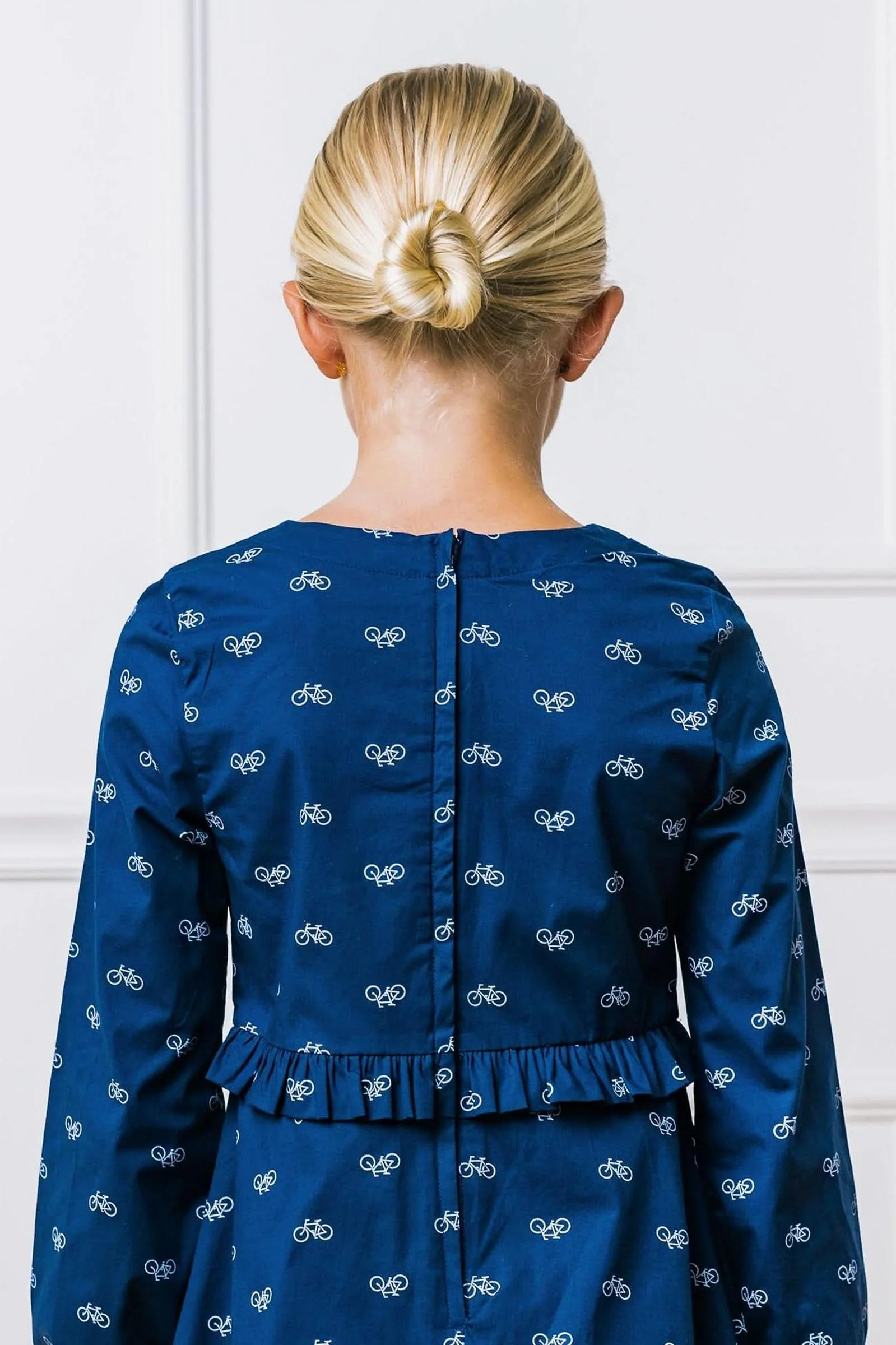 Hope & Henry Organic Cotton Ruffle Waist Dress, Navy Bicycle Print, Toddler & Kids - Image 6