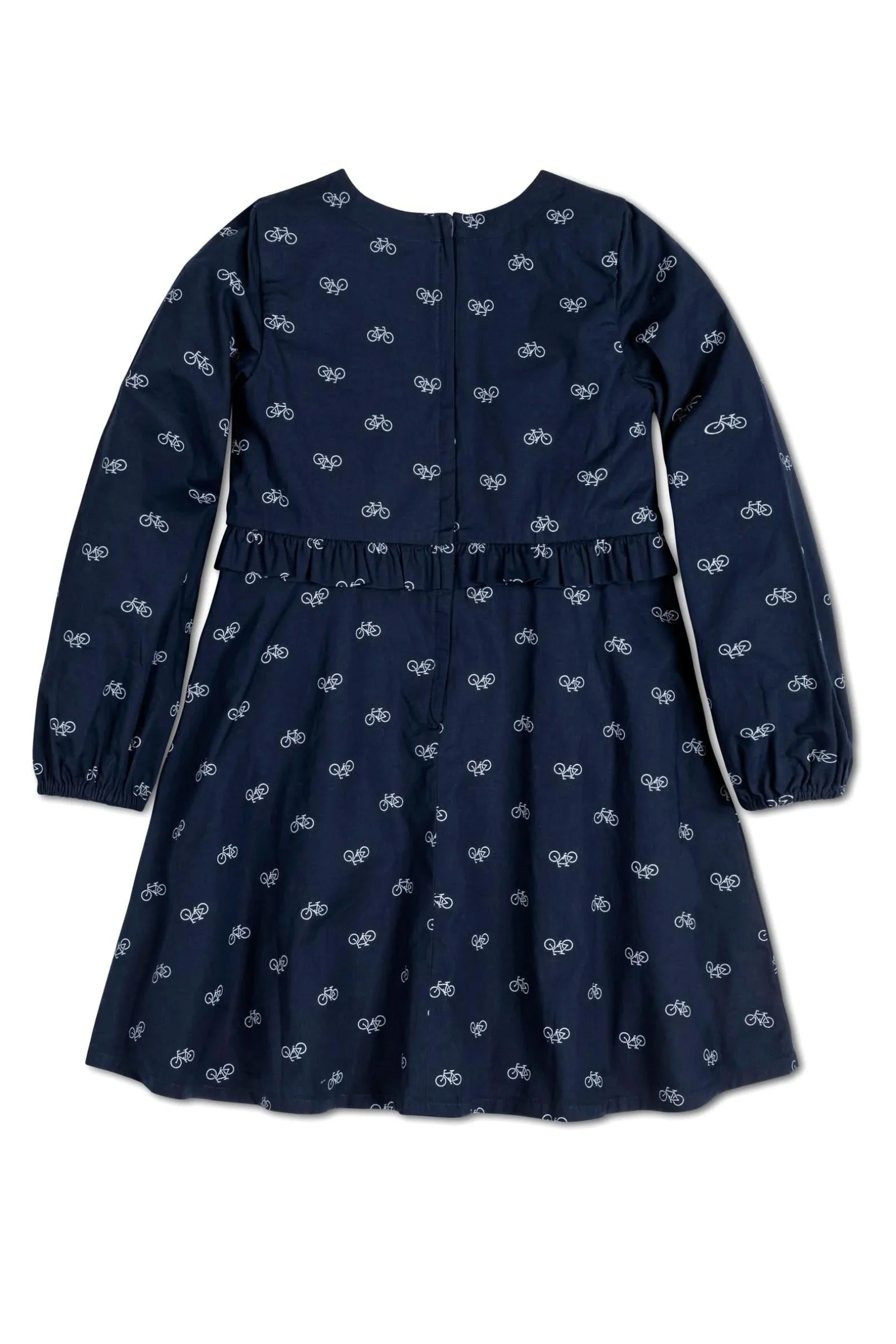 Hope & Henry Organic Cotton Ruffle Waist Dress, Navy Bicycle Print, Toddler & Kids - Image 8