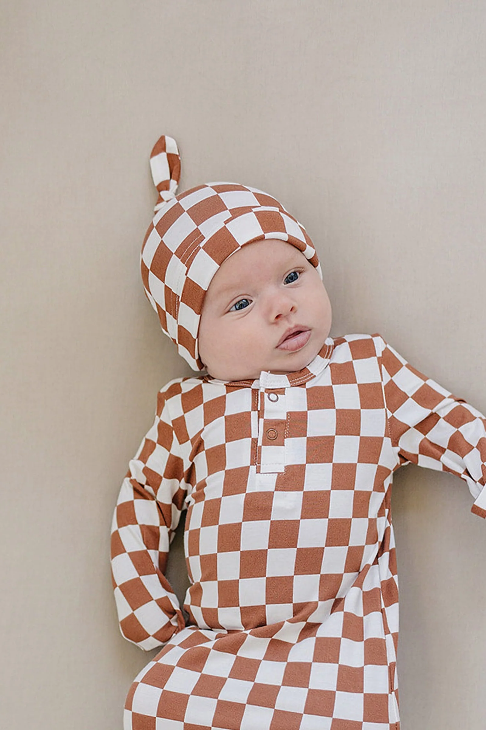 Mebie Baby Rust Checkered Newborn Knot Hat, Bamboo, Newborn, Baby Essentials