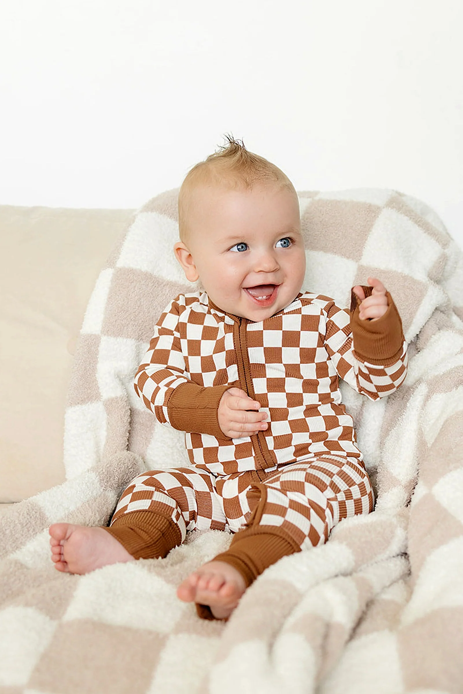 Mebie Baby Rust Checkered Ribbed Zipper Pajama, Bamboo, Baby Essentials