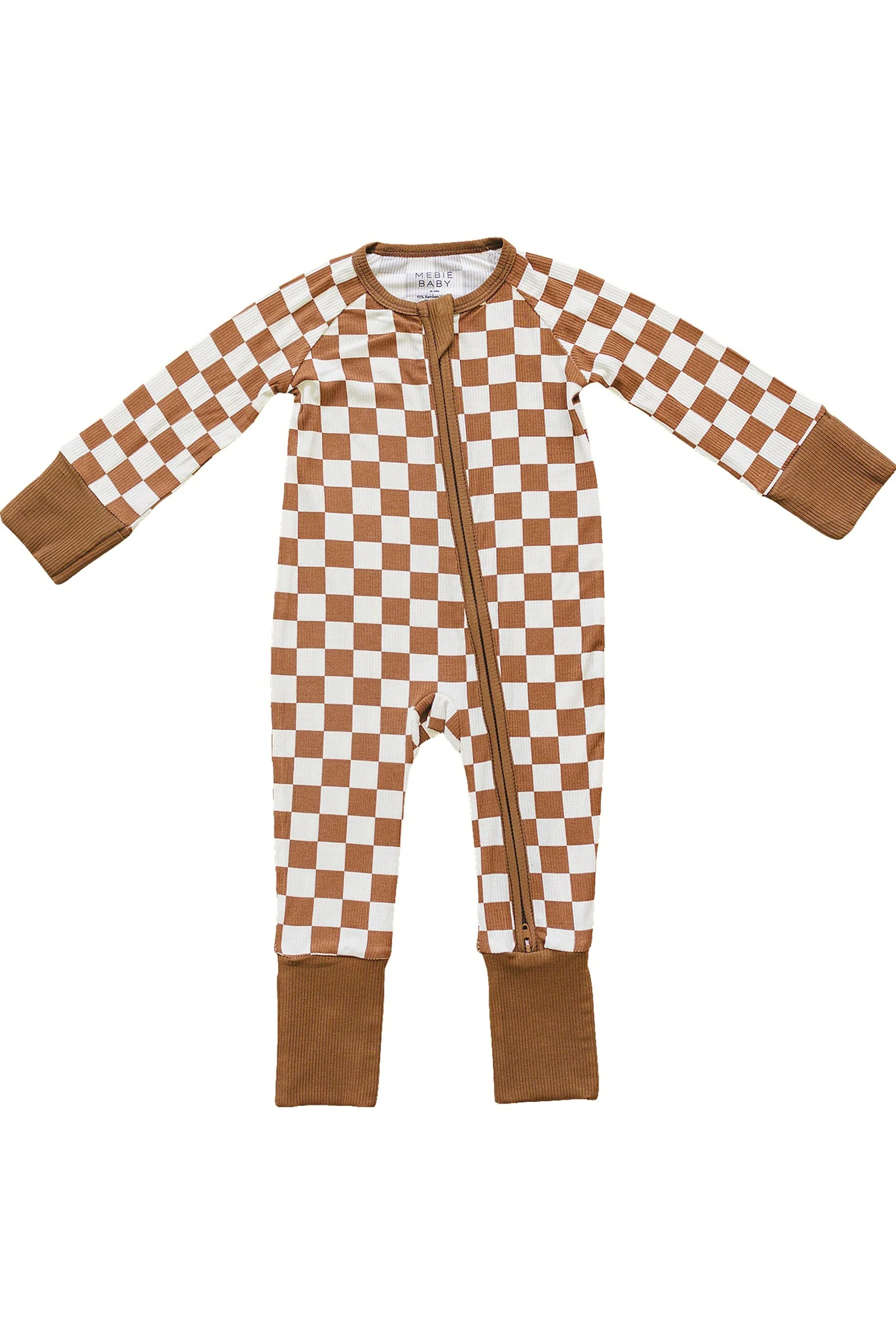 Mebie Baby Rust Checkered Ribbed Zipper Pajama, Bamboo, Baby Essentials - Image 2