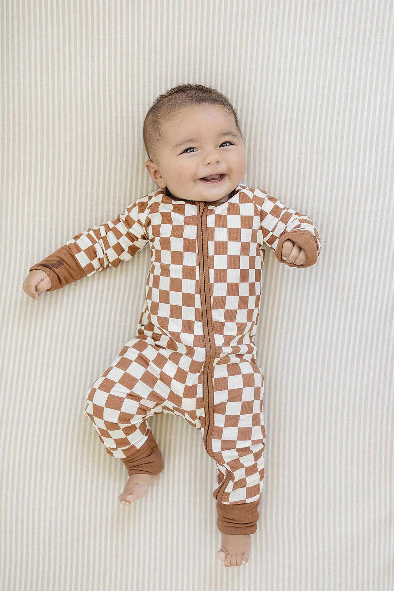 Mebie Baby Rust Checkered Ribbed Zipper Pajama, Bamboo, Baby Essentials - Image 3