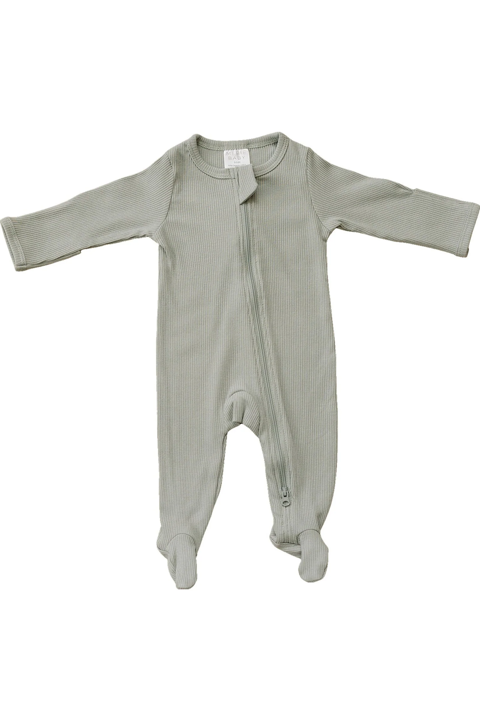 Mebie Baby Sage Ribbed Zipper Footed Pajama, Organic Cotton, Baby Essentials - Image 2
