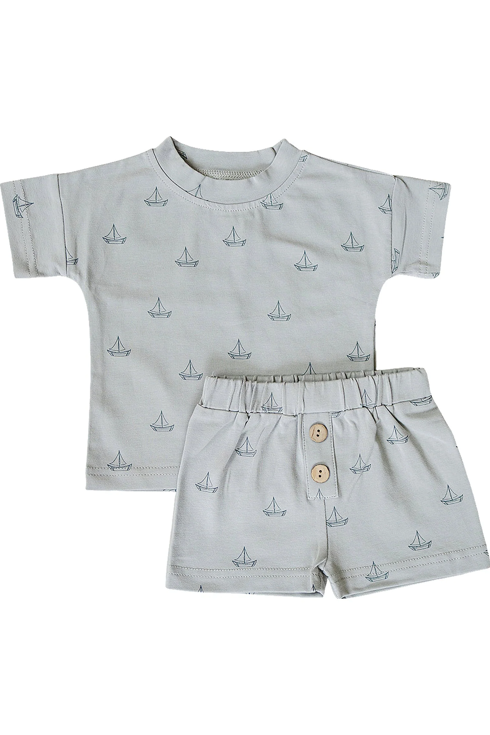 Mebie Baby Cotton Sailboat Button Shorts Set for Boys, Light Grey, Sizes 0-6 - Image 2