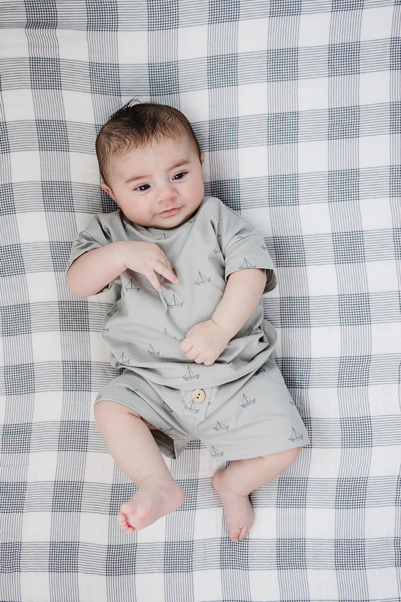 Mebie Baby Cotton Sailboat Button Shorts Set for Boys, Light Grey, Sizes 0-6 - Image 4