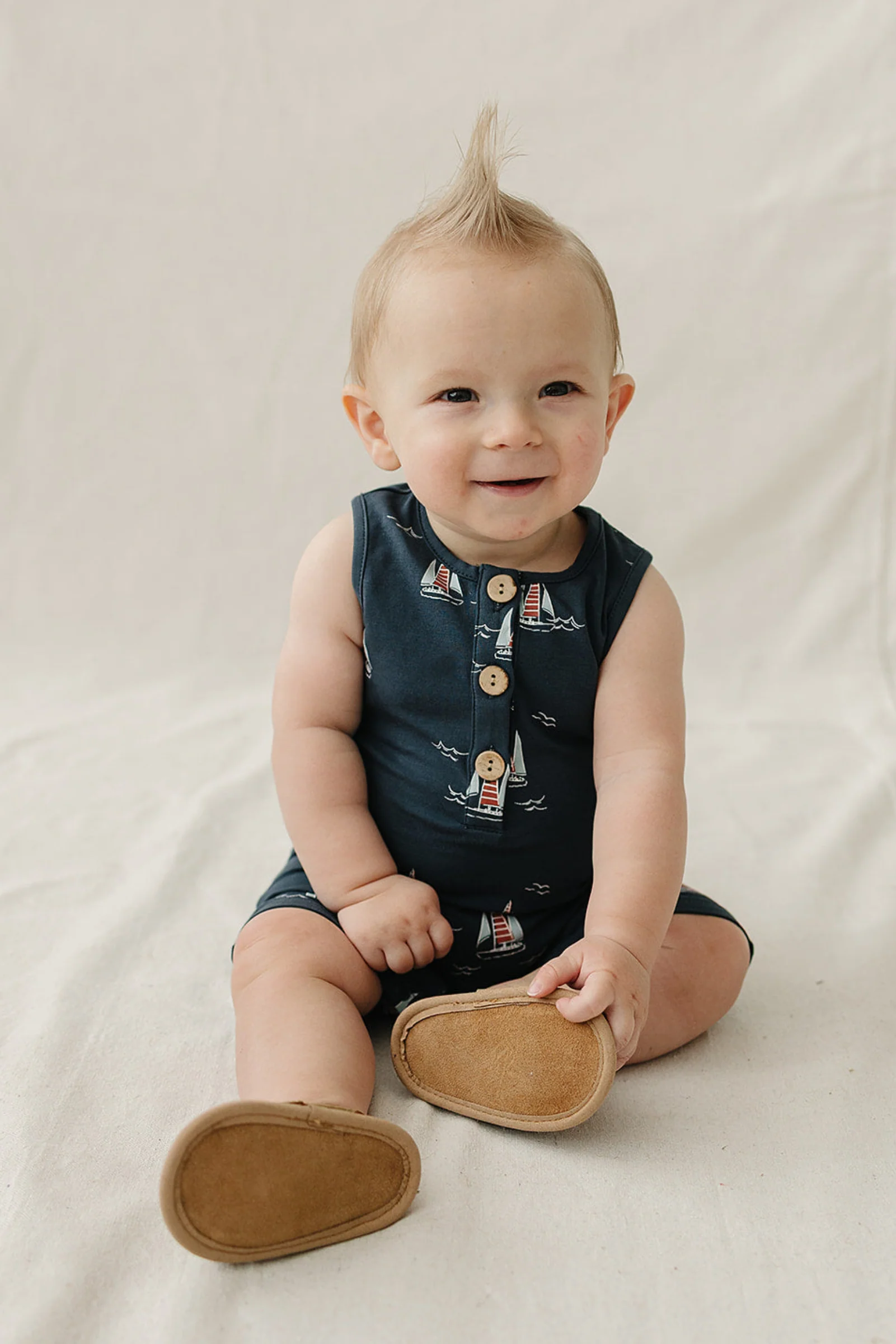 Mebie Baby Cotton Sailboat Short Romper for Baby Boys, Navy, Sizes 0-2T