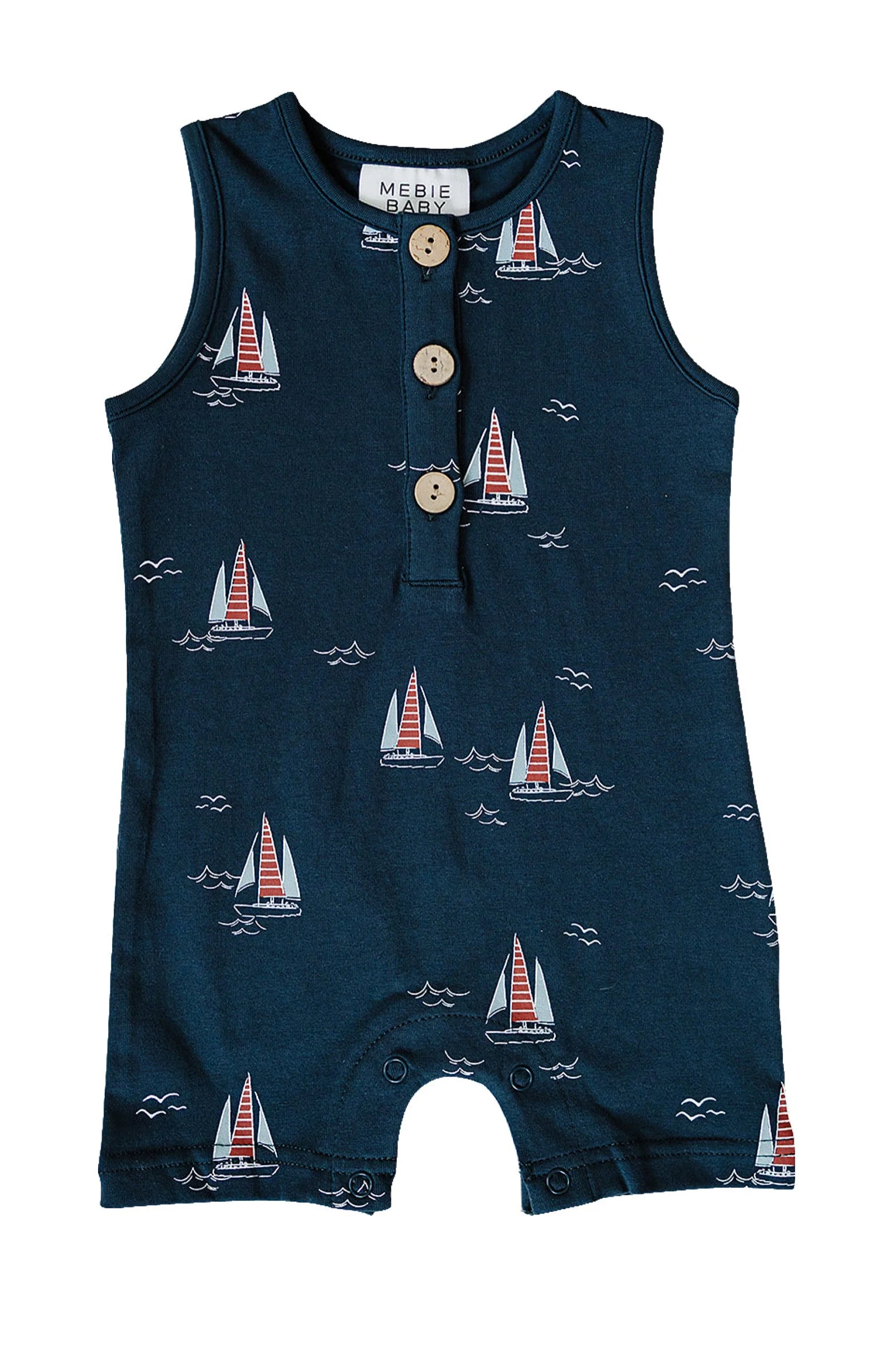 Mebie Baby Cotton Sailboat Short Romper for Baby Boys, Navy, Sizes 0-2T - Image 2