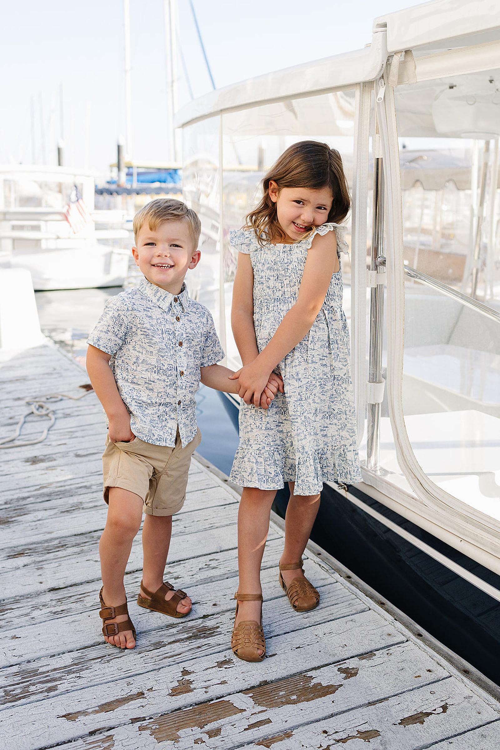 Mebie Baby Boys Santorini Linen Button Up Shirt, Light Blue & White