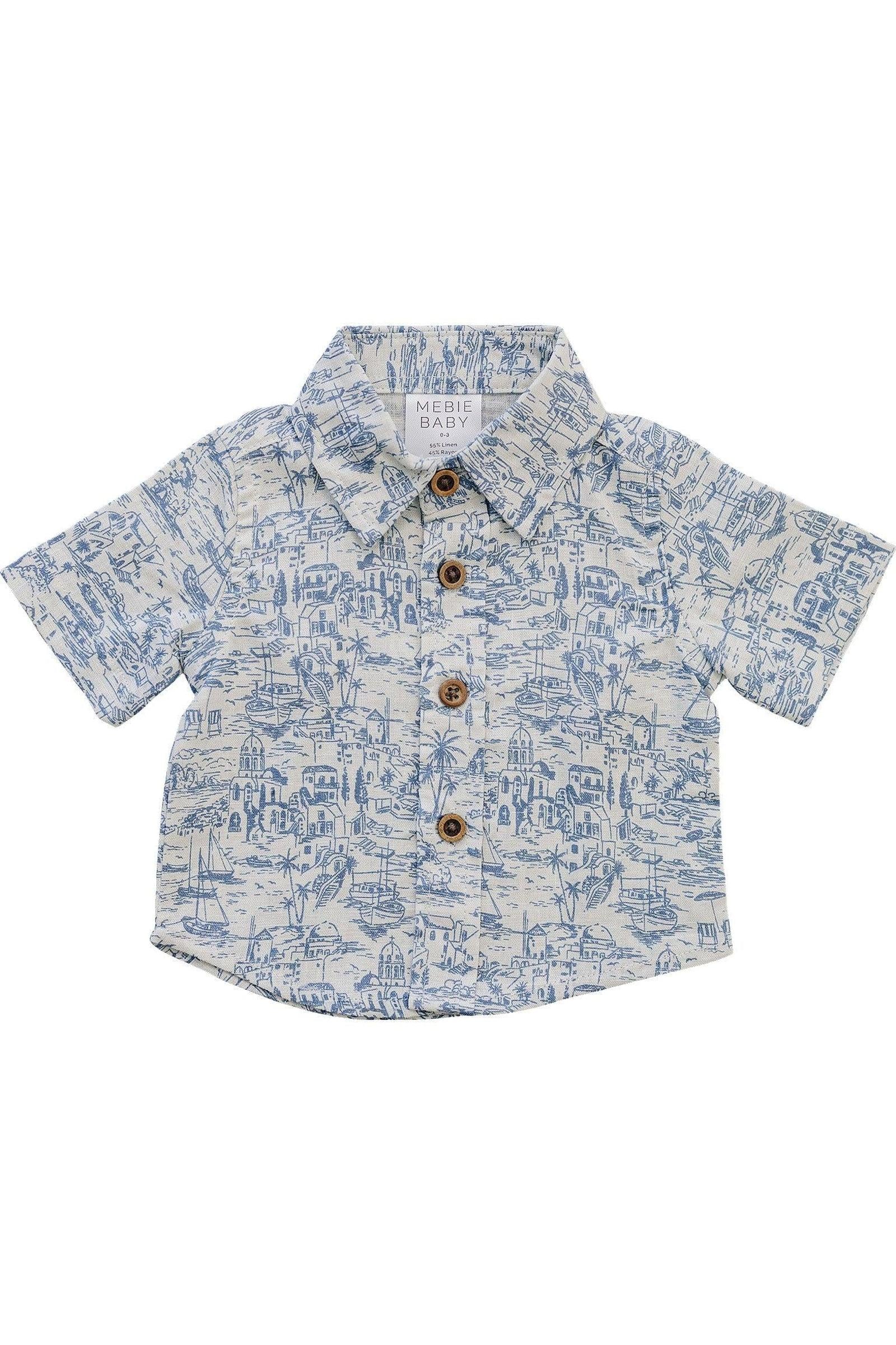 Mebie Baby Boys Santorini Linen Button Up Shirt, Light Blue & White - Image 2