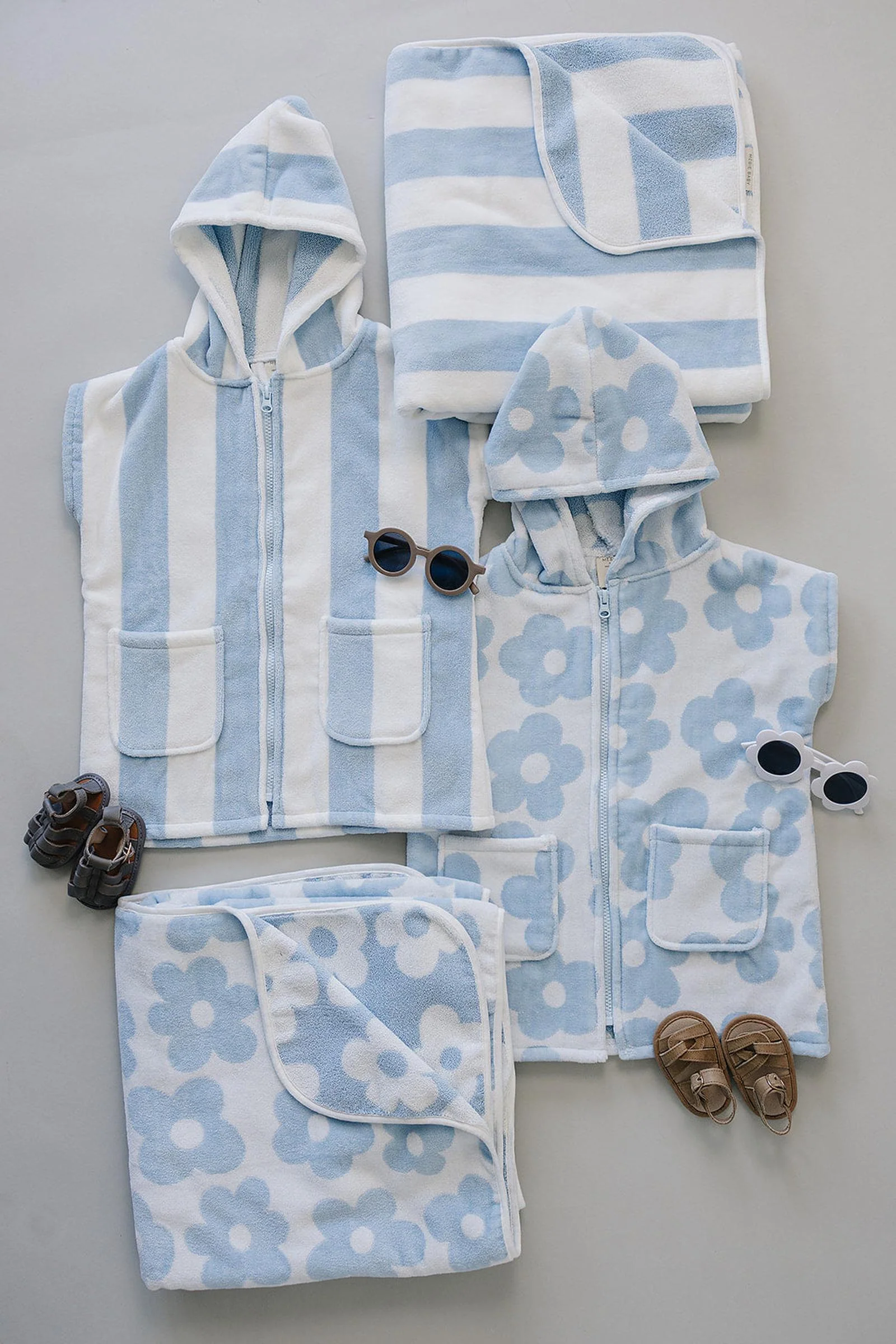 Mebie Baby Coastal Floral Cotton Hooded Towel, Light Blue & White - Image 3