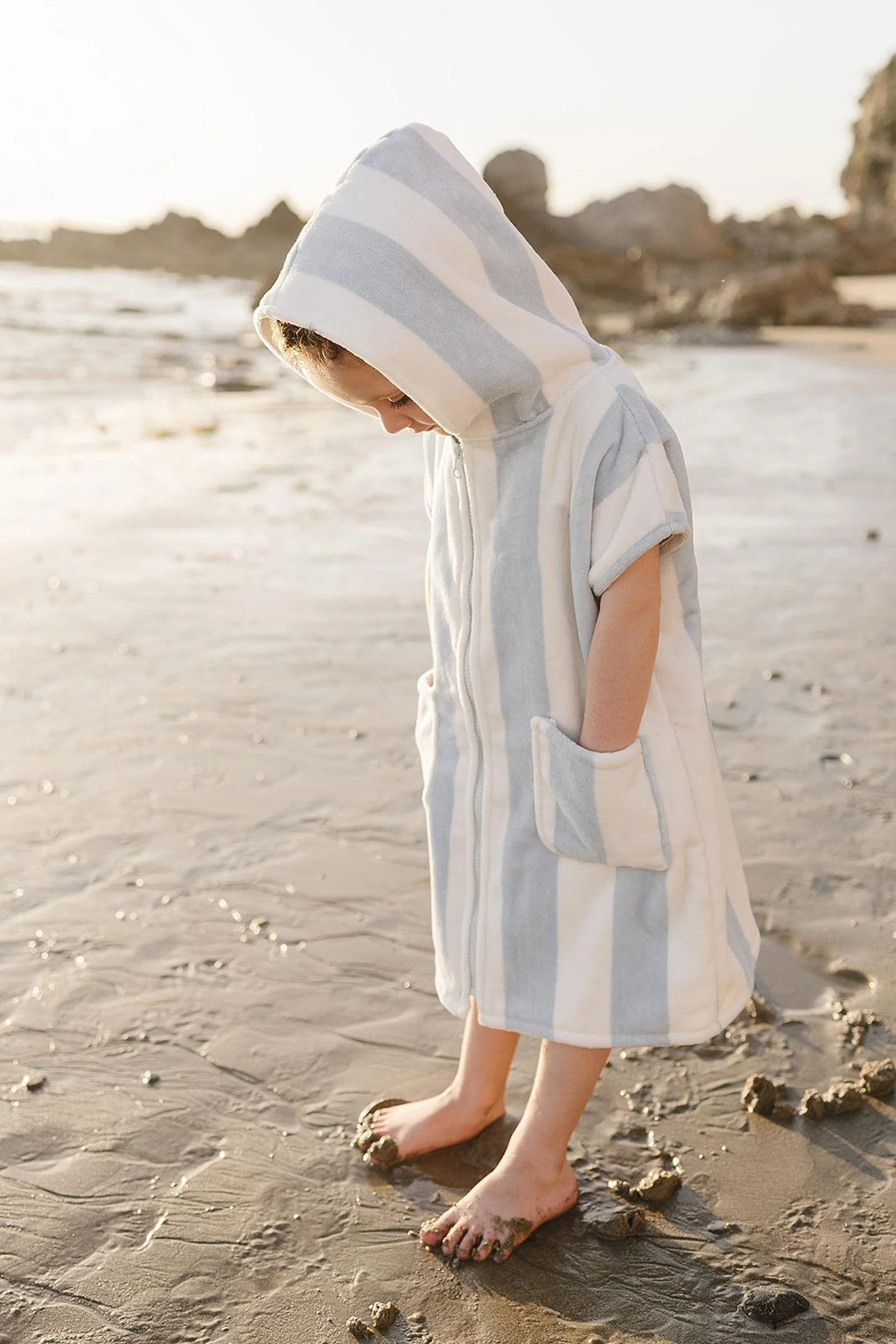 Mebie Baby Seaside Stripe Zip-Up Organic Cotton Beach Poncho, Light Blue & White