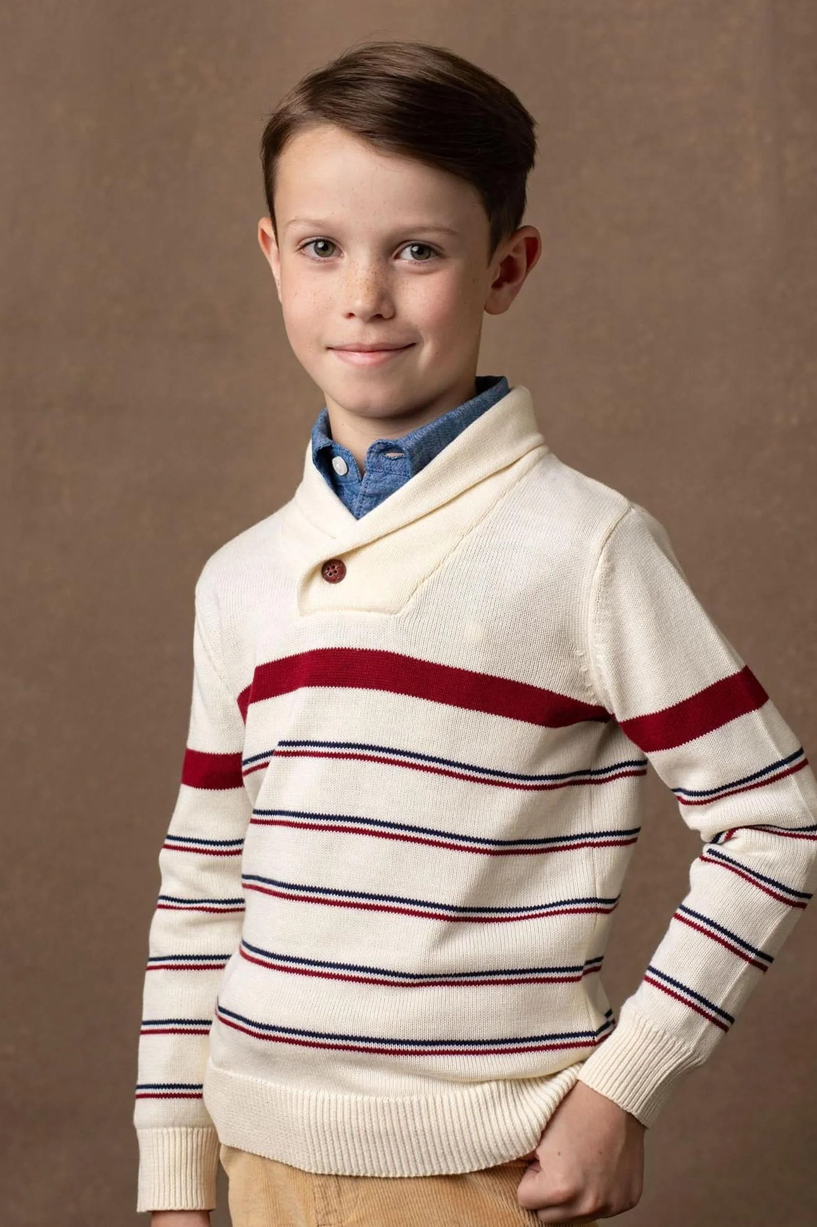 Hope & Henry Organic Cotton Shawl Collar Sweater for Boys, Ivory Stripe, Sizes 2-16