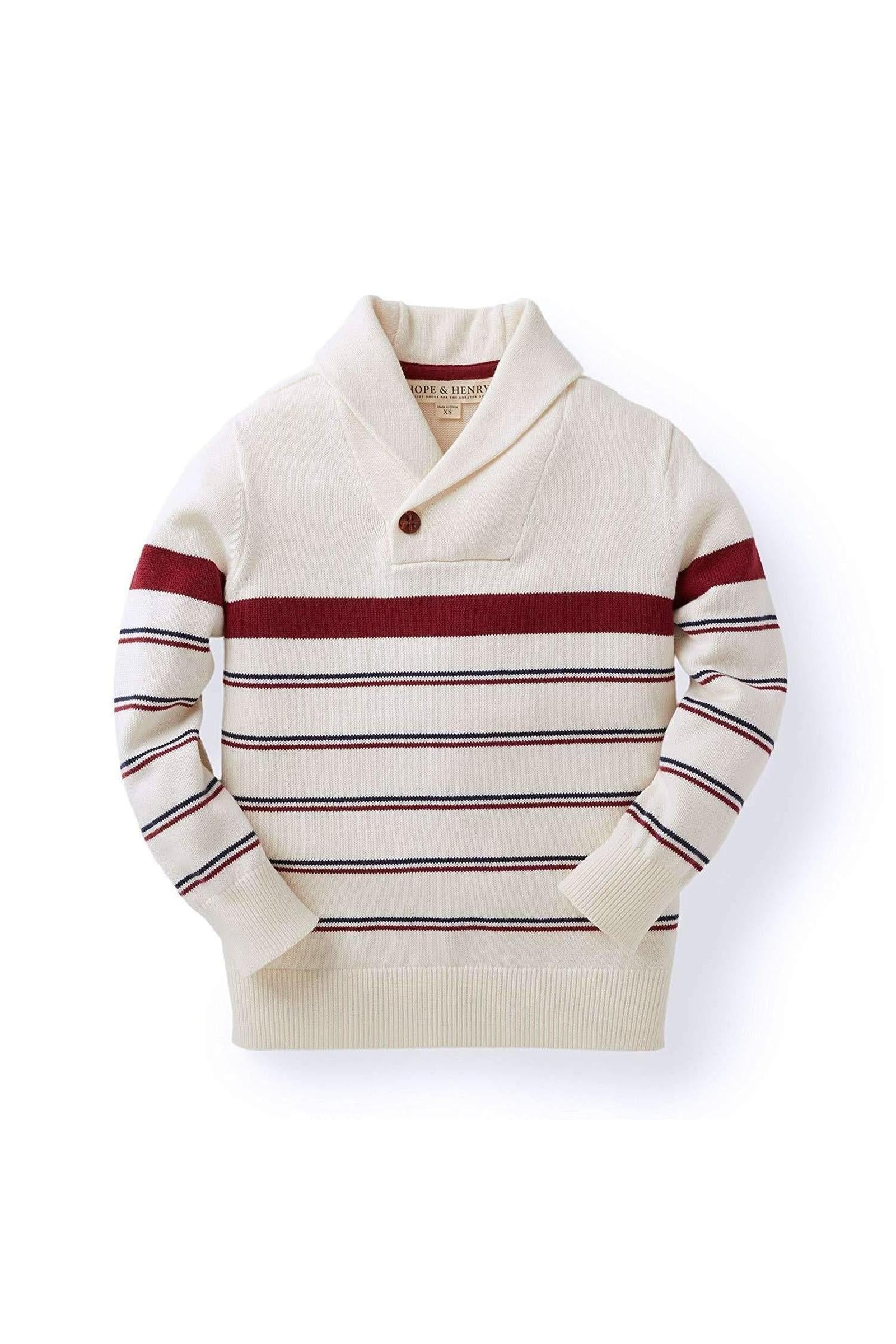 Hope & Henry Organic Cotton Shawl Collar Sweater for Boys, Ivory Stripe, Sizes 2-16 - Image 2