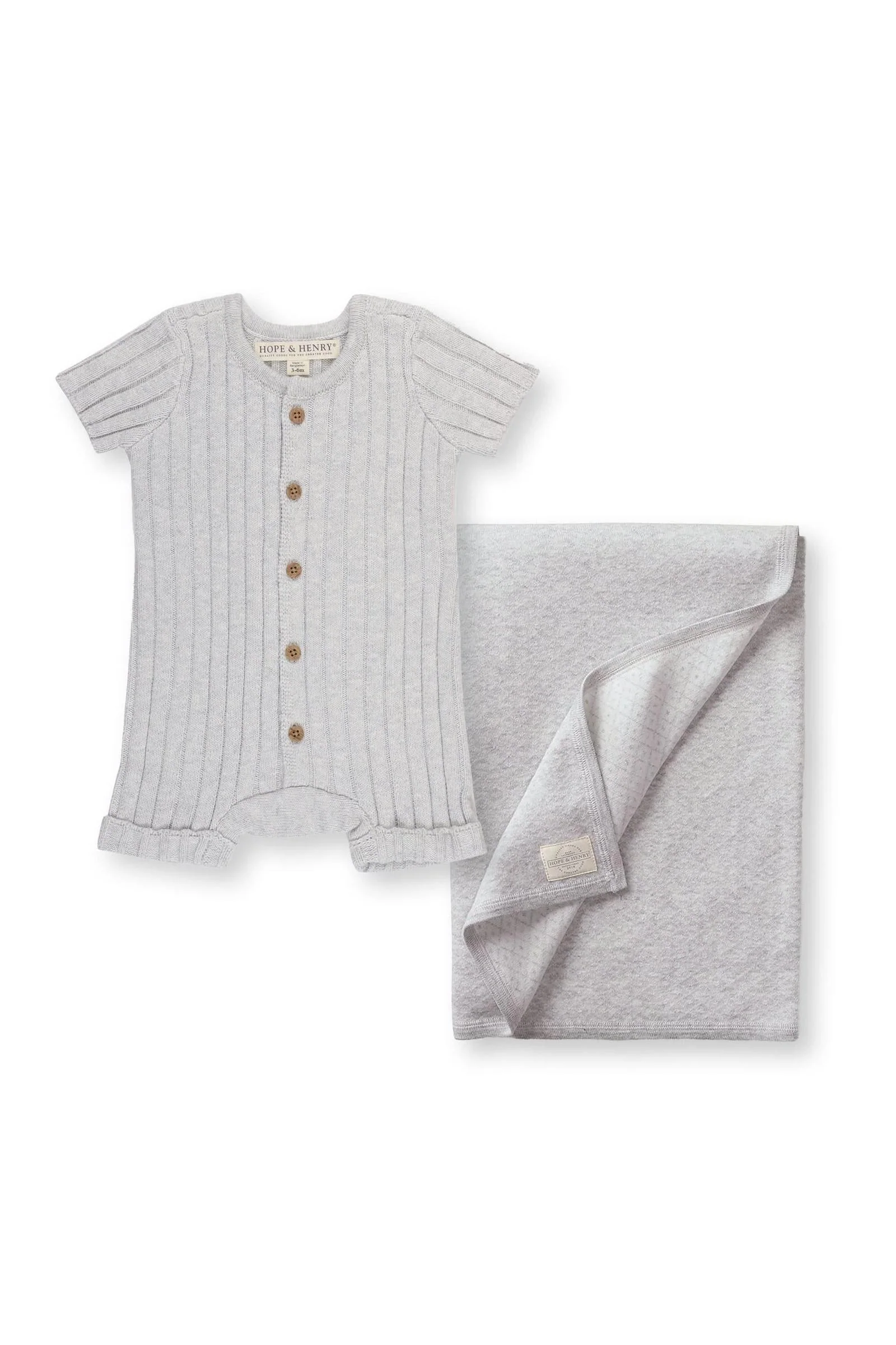 Hope & Henry Organic Cotton Shortie Romper & Jacquard Blanket Gift Set, Lite Grey, Newborn - Image 2