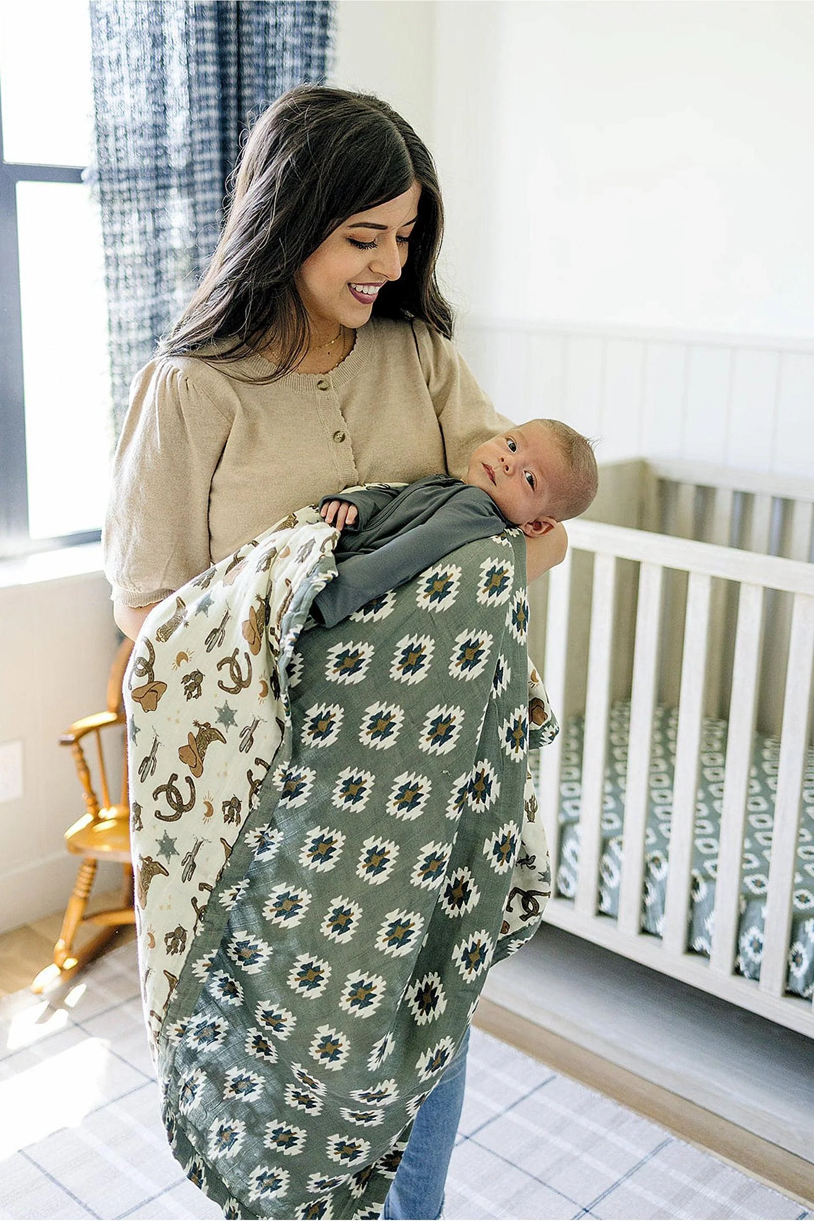 Mebie Baby Southwest Aztec + Outlaw Cowboy Muslin Crib Quilt, 100% Cotton, Neutral Colors, Gender Neutral, Baby