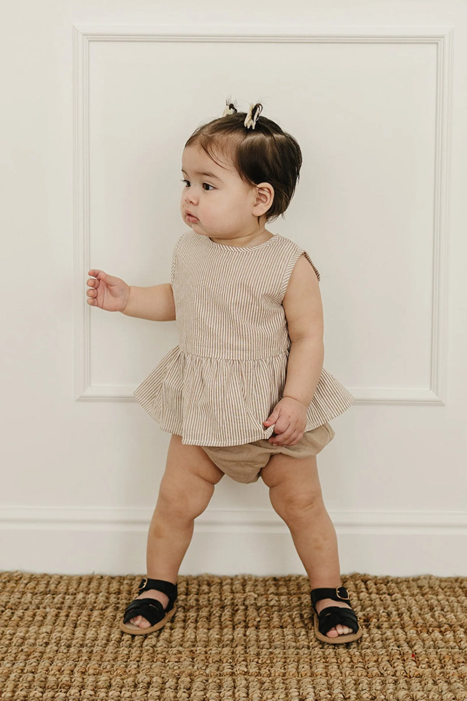 Mebie Baby Tan Stripes Cotton Peplum Bloomer Set for Baby Girls, Sizes 0-2T