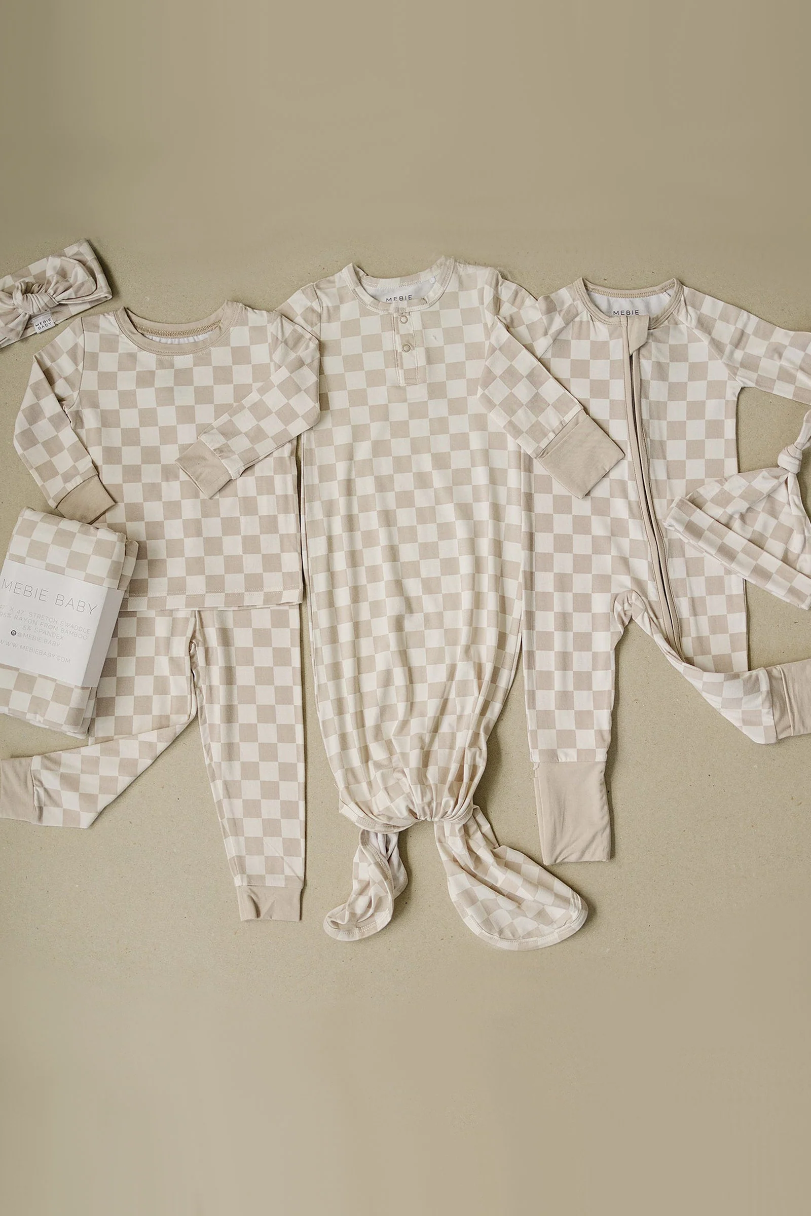 Mebie Baby Taupe Checkered Cozy Pajama Set, Bamboo, Baby Essentials - Image 4
