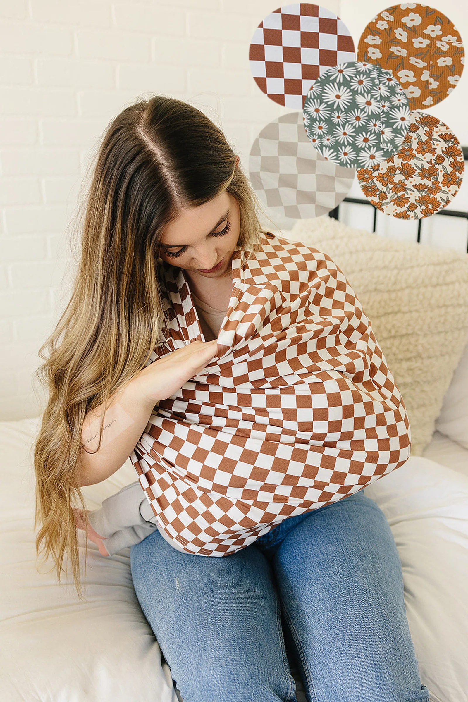 Mebie Baby Taupe Checkered Multi-Use, Bamboo, Car Seat & Nursing Cover, Gender Neutral, Baby