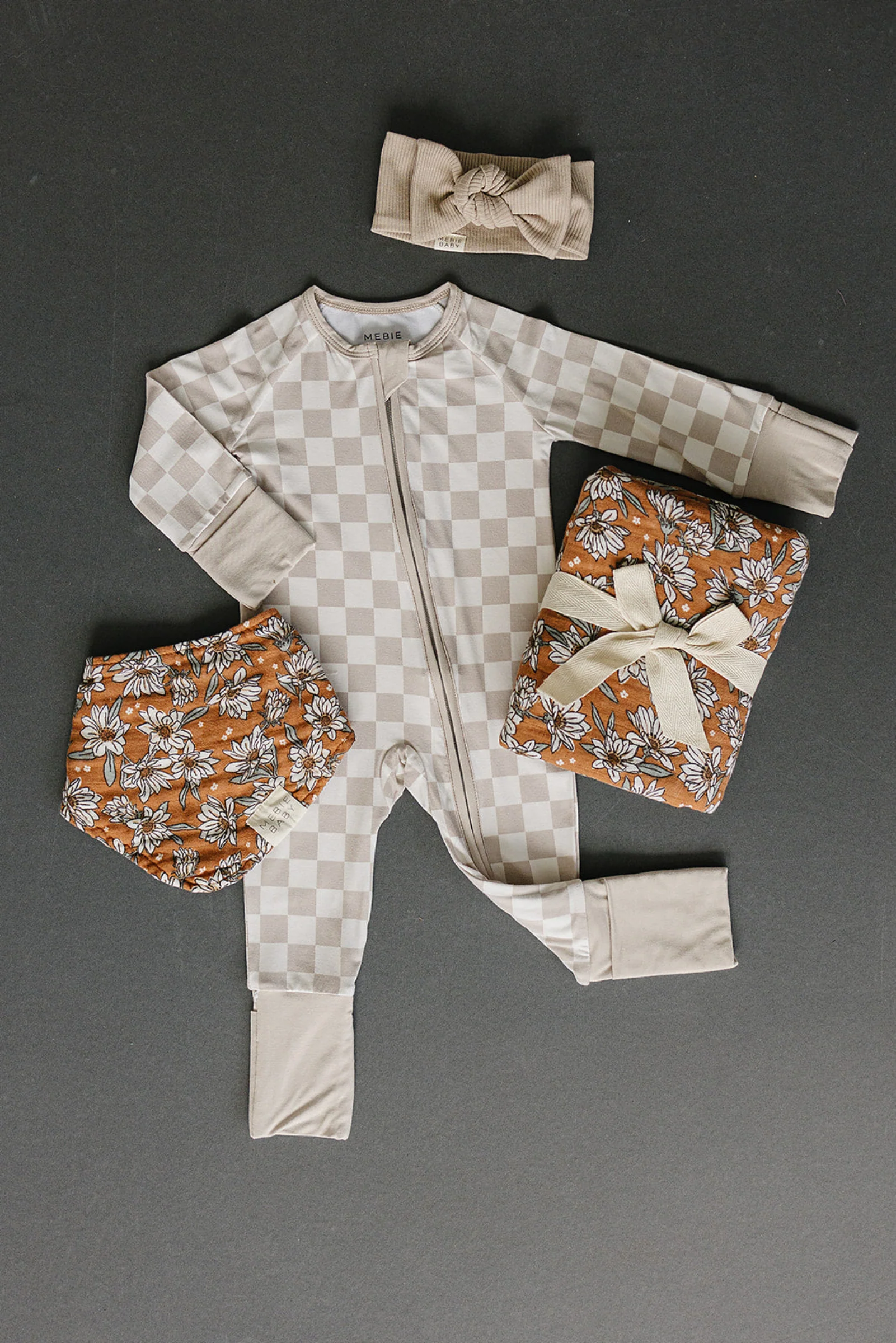 Mebie Baby Taupe Checkered Zipper Pajama, Bamboo, Baby Essentials - Image 6