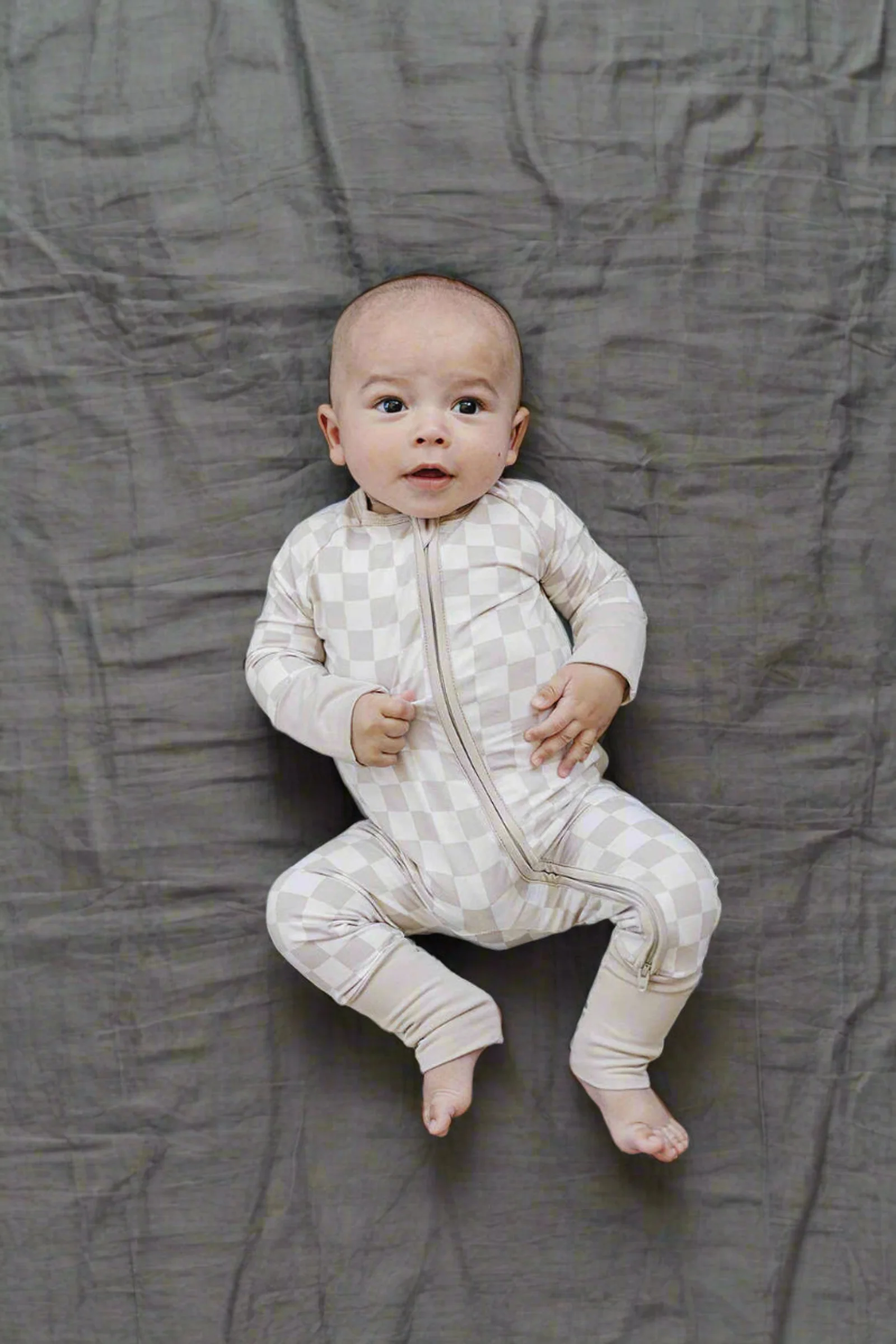 Mebie Baby Taupe Checkered Zipper Pajama, Bamboo, Baby Essentials - Image 8