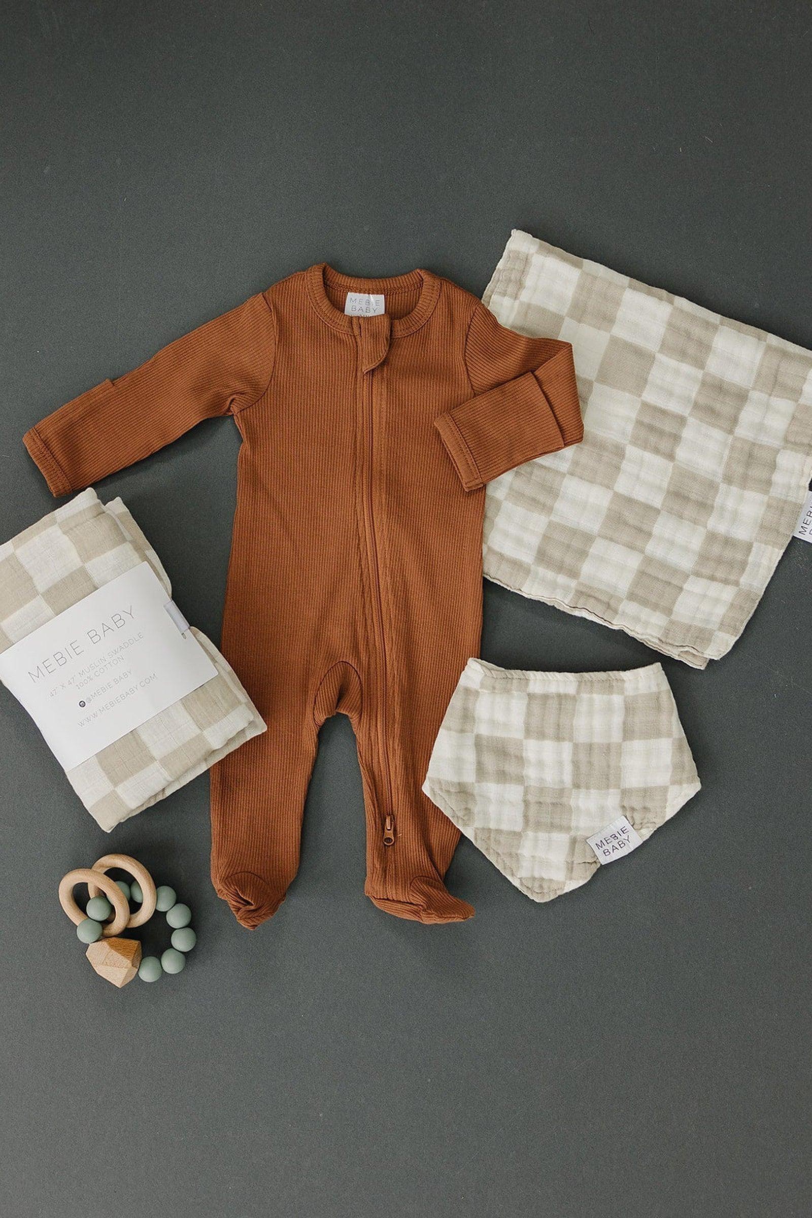 Mebie Baby Taupe Checkered Muslin Bib, 100% Cotton, Baby Essentials - Image 2