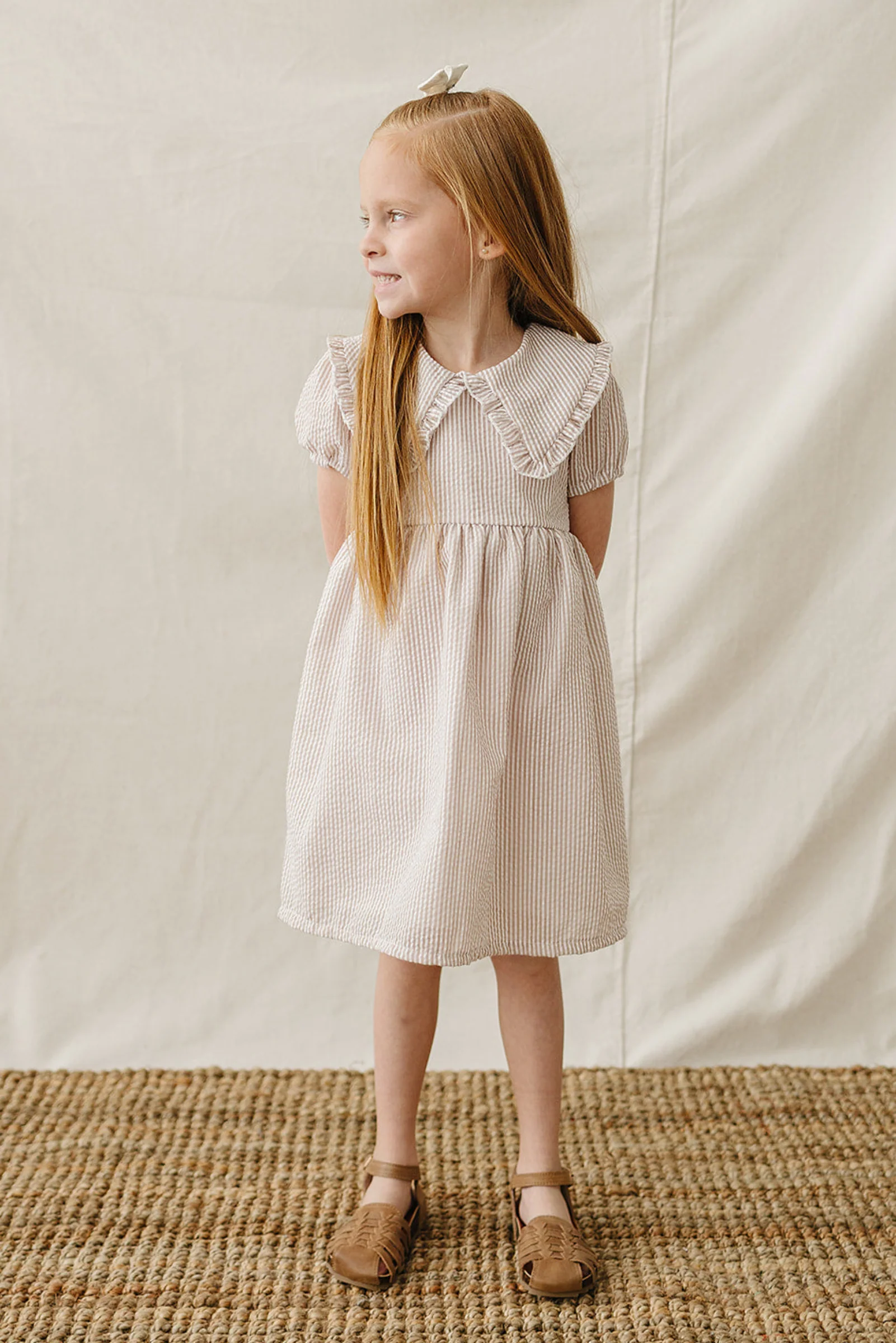 Mebie Baby Taupe Stripe Cotton Peter Pan Collar Dress for Girls, Baby - Kids - Image 3