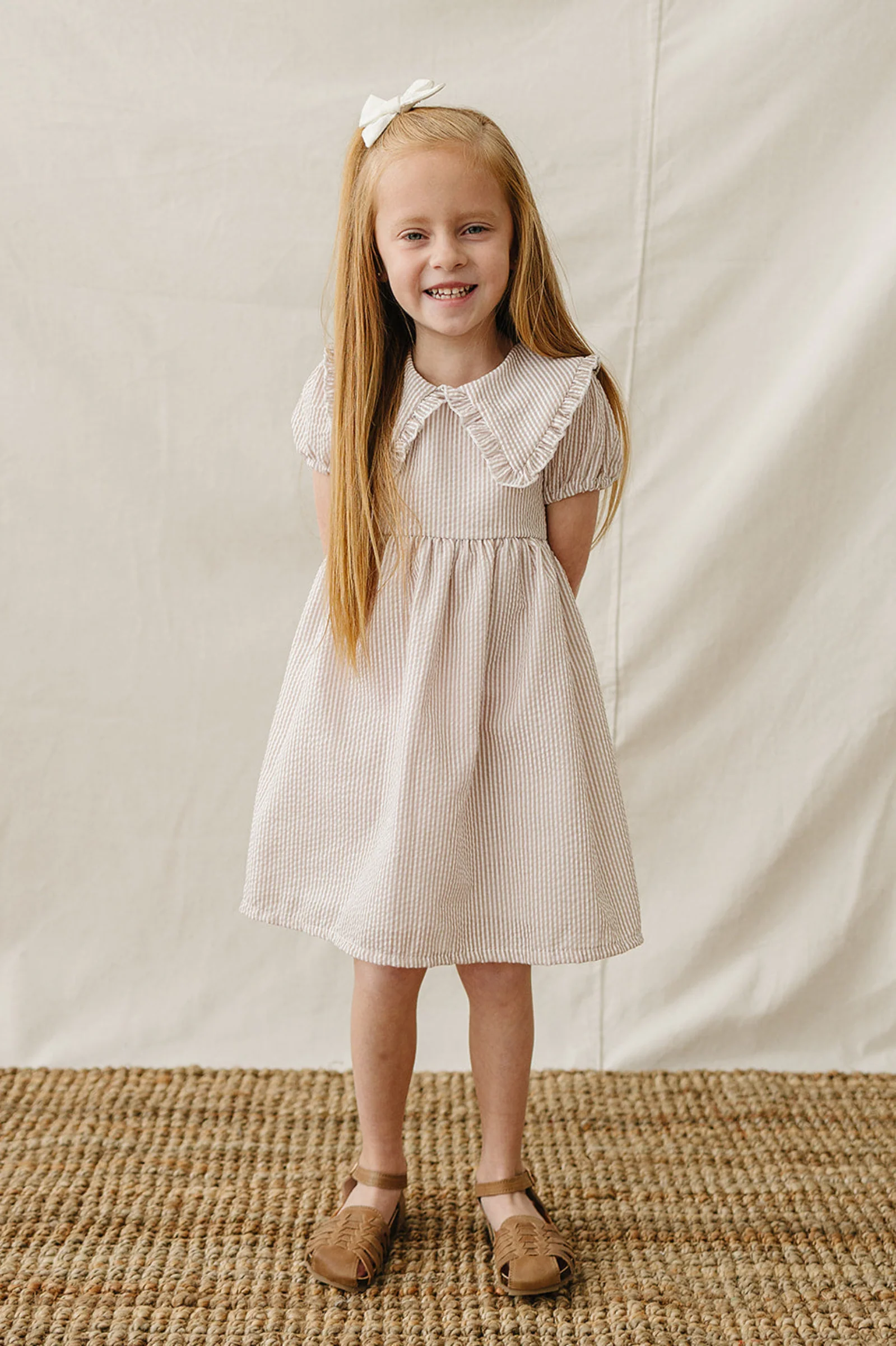 Mebie Baby Taupe Stripe Cotton Peter Pan Collar Dress for Girls, Baby - Kids - Image 5