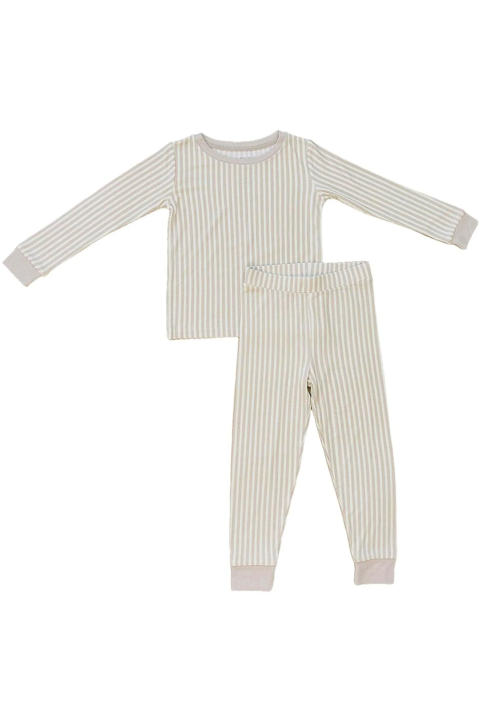 Mebie Baby Taupe Stripe Ribbed Cozy Pajama Set, Bamboo - Image 2