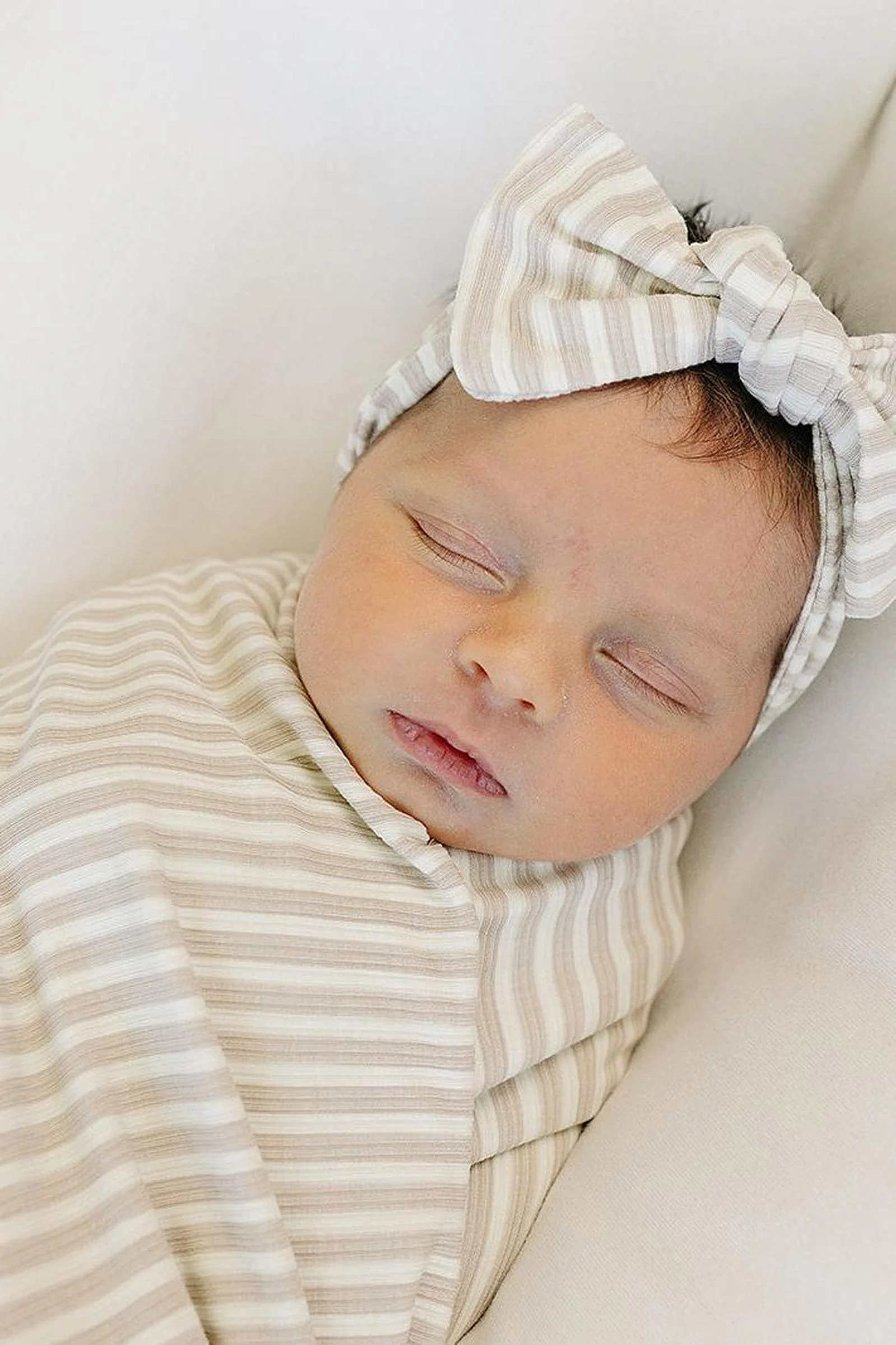 Mebie Baby Taupe Stripe Ribbed Head Wrap, Bamboo, Baby - Image 3
