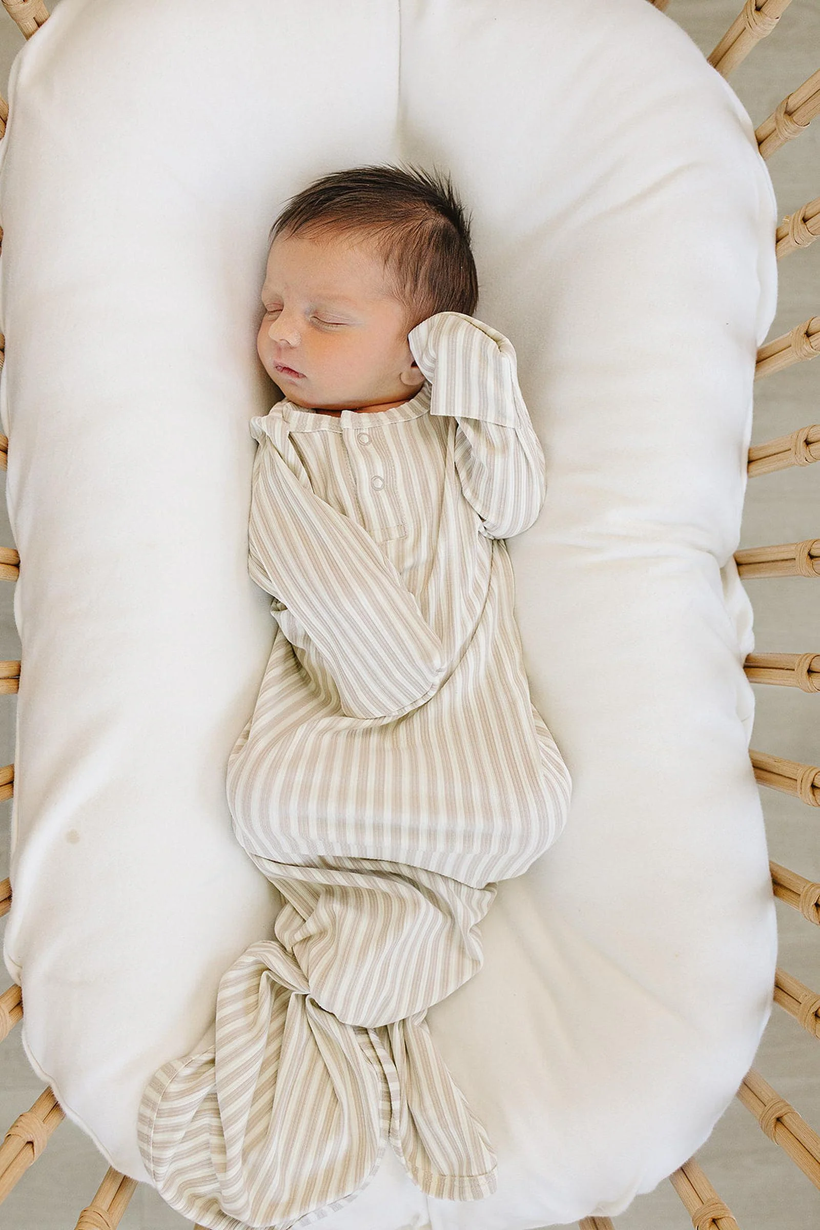 Mebie Baby Taupe Stripe Ribbed Knot Gown, Bamboo, Baby Essentials - Image 4