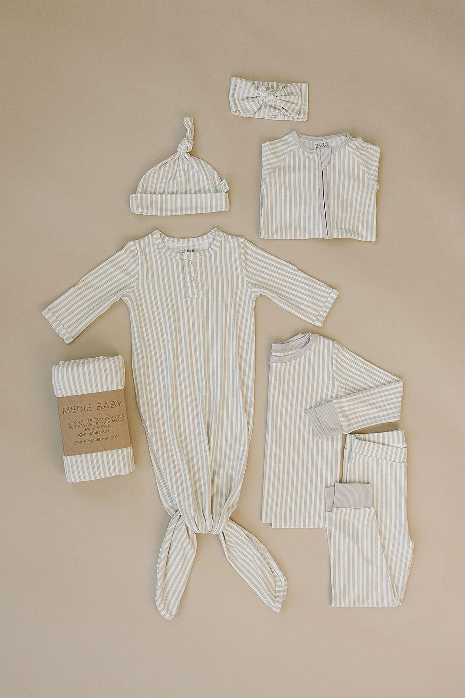 Mebie Baby Taupe Stripe Ribbed Knot Gown, Bamboo, Baby Essentials - Image 6