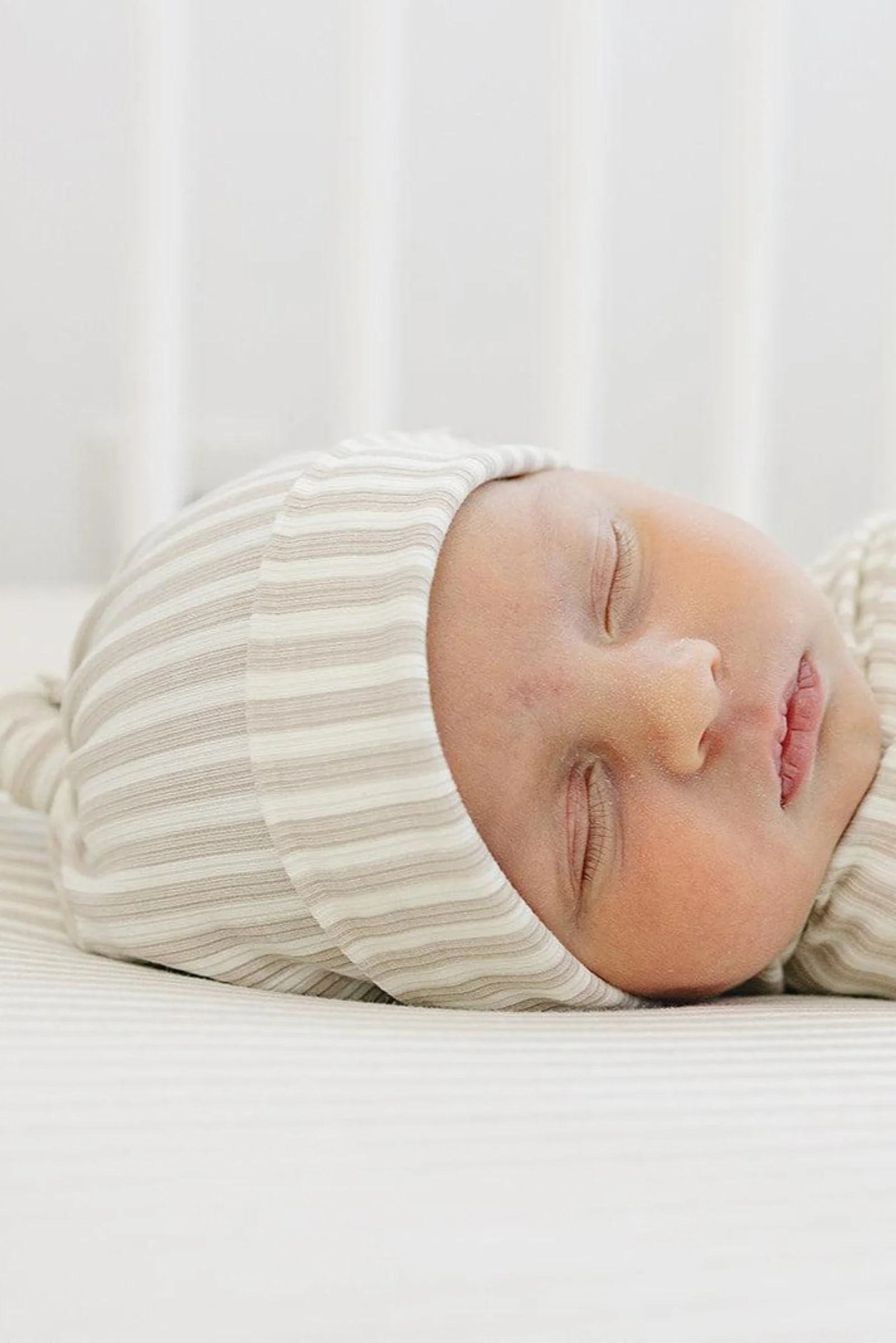 Mebie Baby Taupe Stripe Ribbed Newborn Knot Hat, Bamboo, Baby Essentials