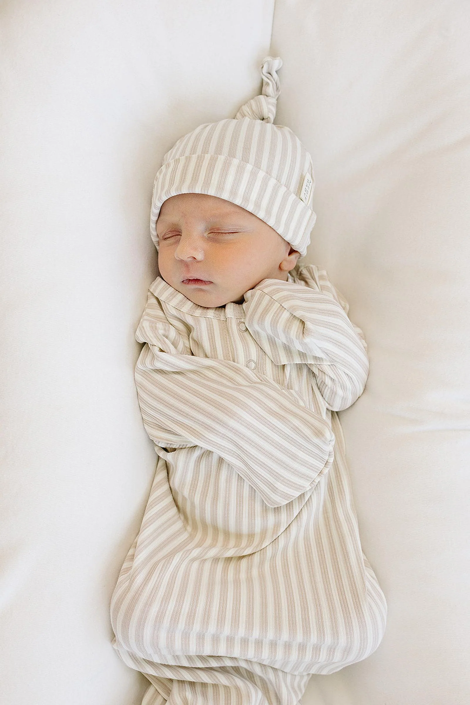 Mebie Baby Taupe Stripe Ribbed Newborn Knot Hat, Bamboo, Baby Essentials - Image 3