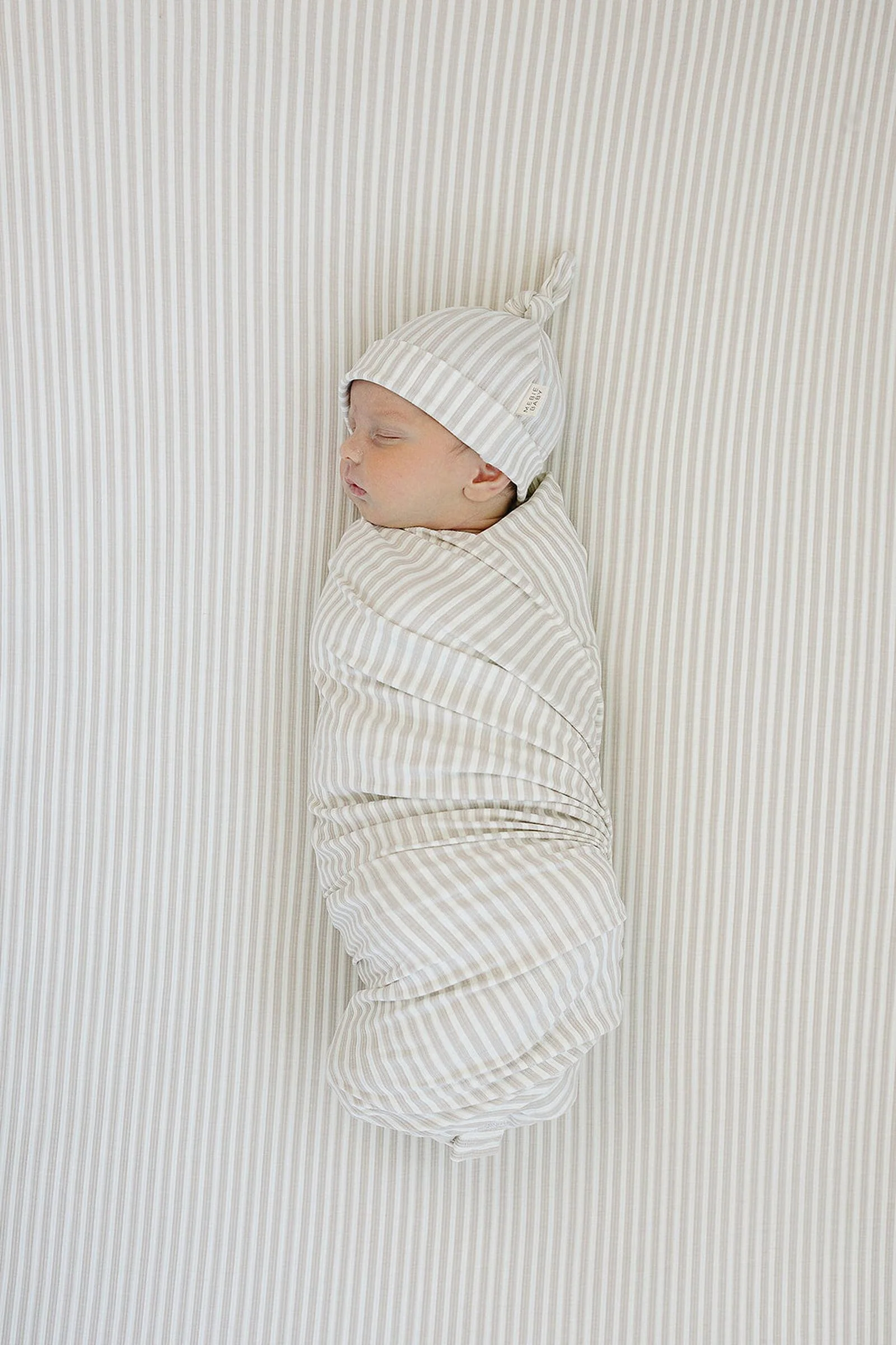 Mebie Baby Taupe Stripe Ribbed Stretch Crib Sheet, Bamboo, Baby Essentials - Image 2