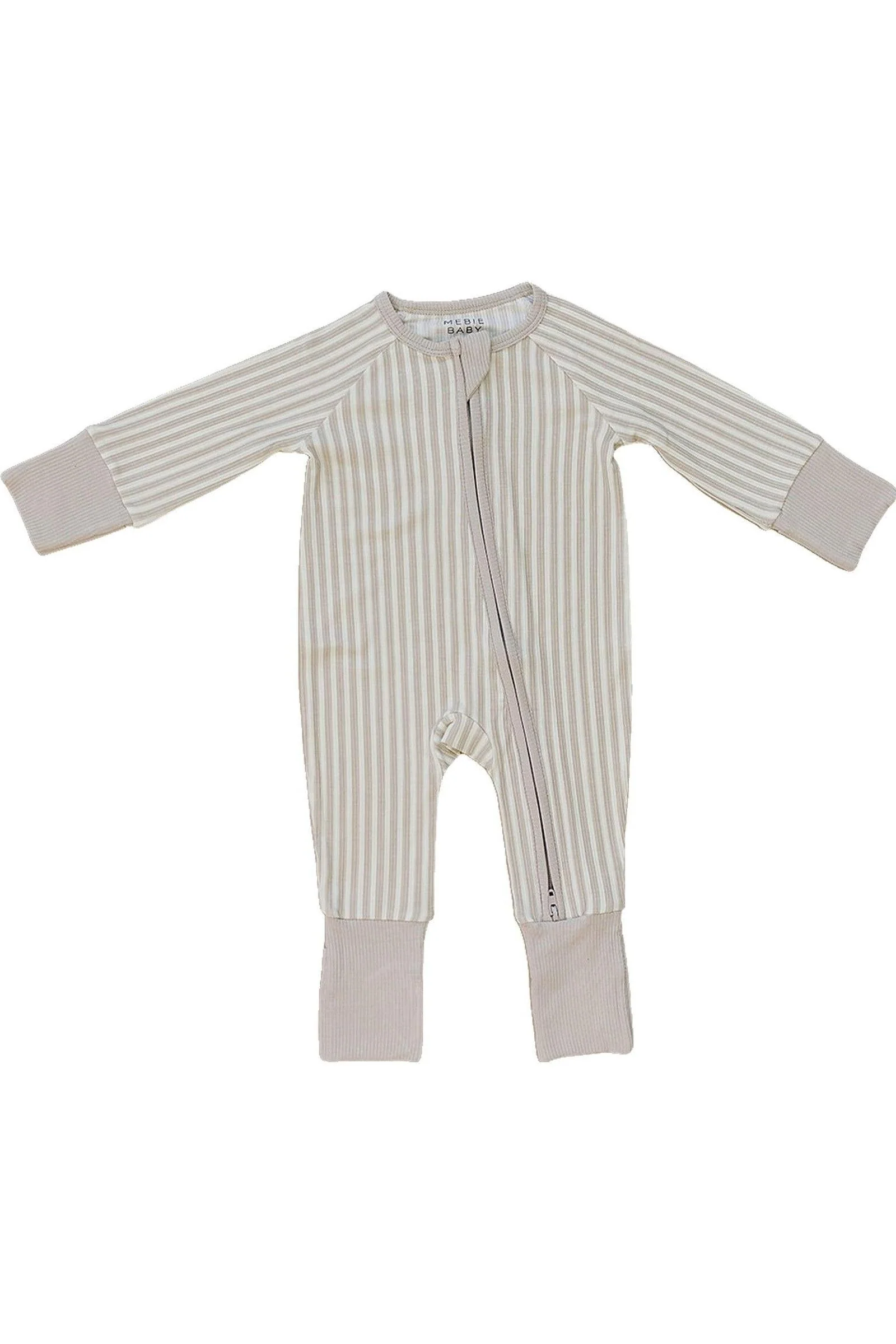 Mebie Baby Taupe Stripe Ribbed Zipper Pajama, Bamboo, Baby Essentials - Image 2
