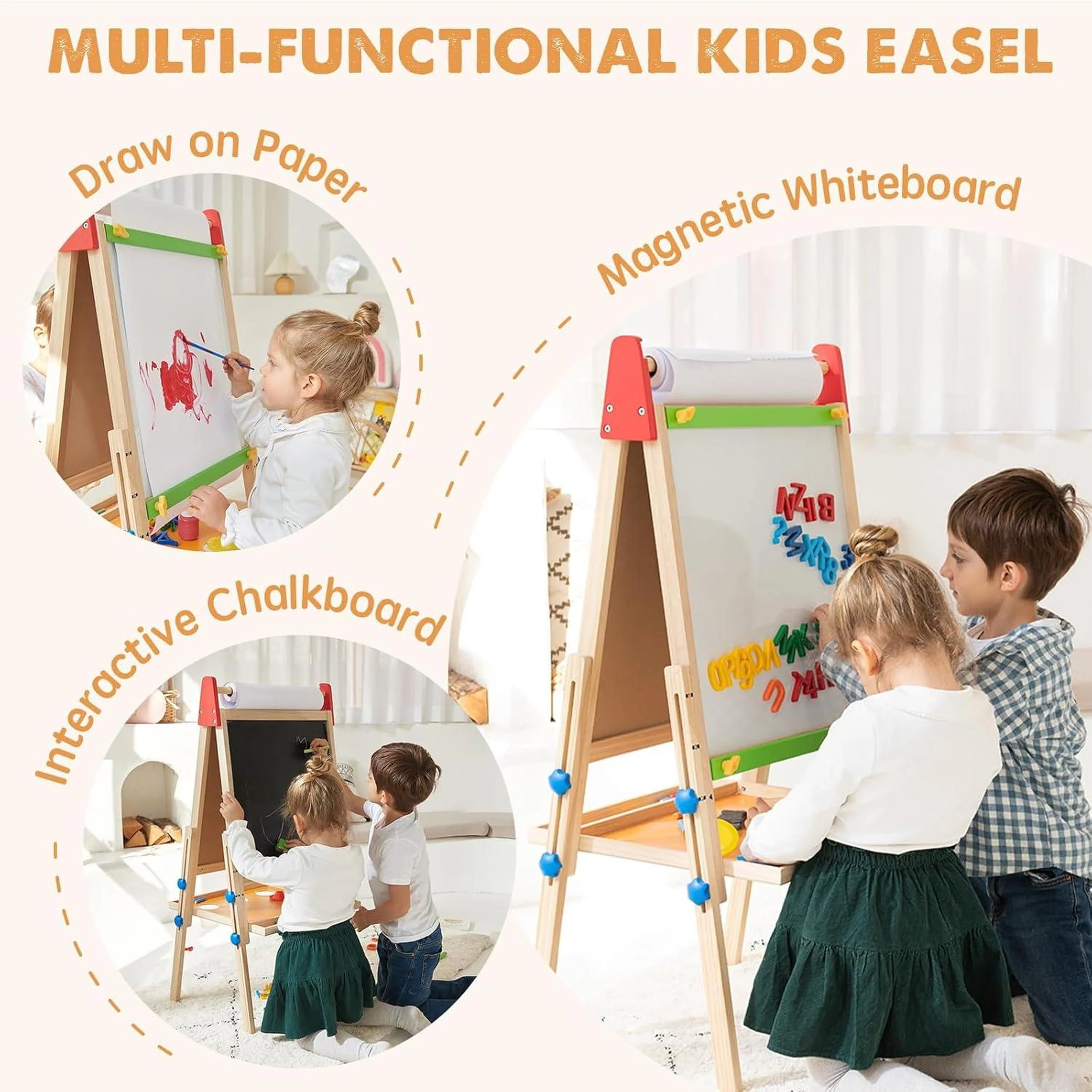 3-in-1 Art Easel, for Kids, Chalk Board, Magnetic Whiteboard, Art Paper Holder - Image 3