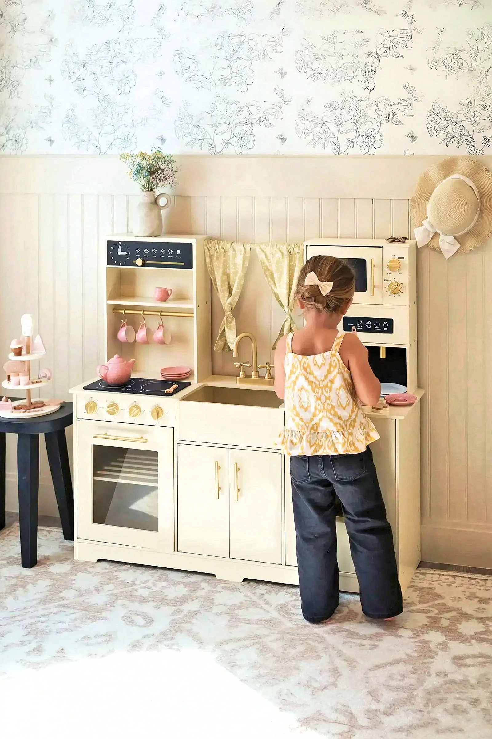 Tiny Land® Iconic Wooden Play Kitchen, Cream, Pretend Cooking Set, Toddler & Kids - Image 2