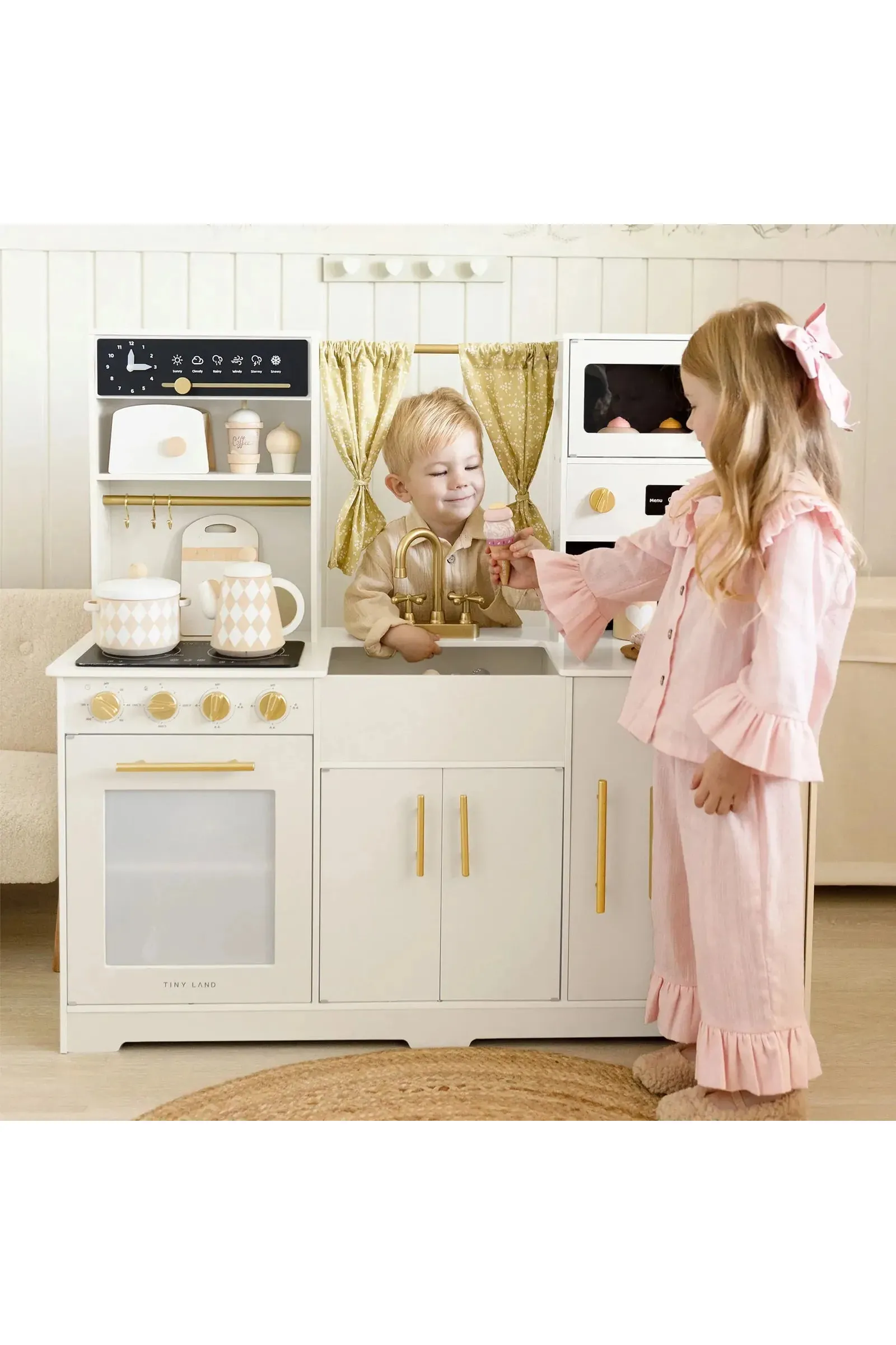 Tiny Land® Iconic Wooden Play Kitchen, Cream, Pretend Cooking Set, Toddler & Kids - Image 8