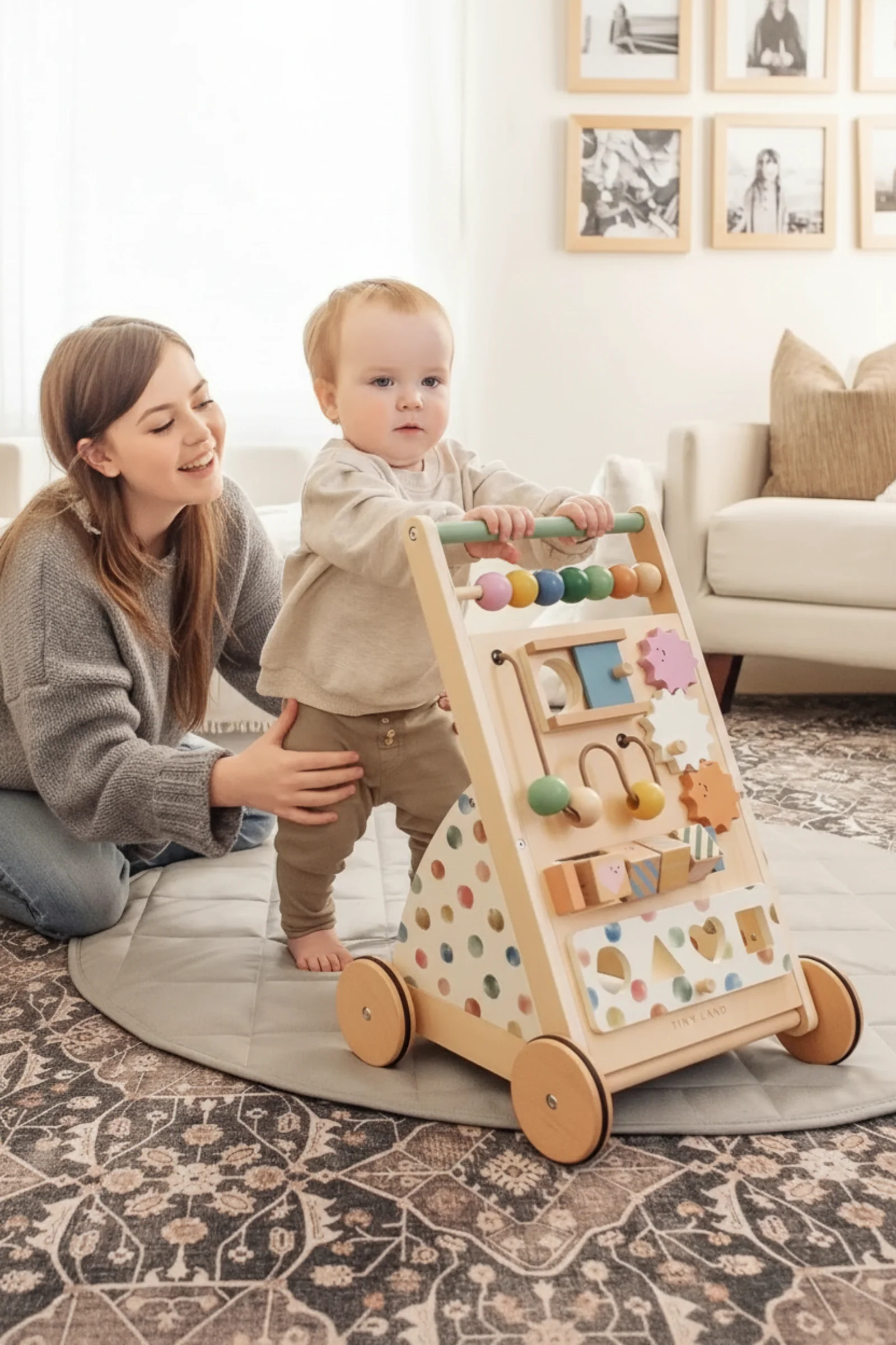 Tiny Land® Wooden Baby Walker & Activity Cube Playset, Montessori Development Toy Set, Toddlers - Image 2