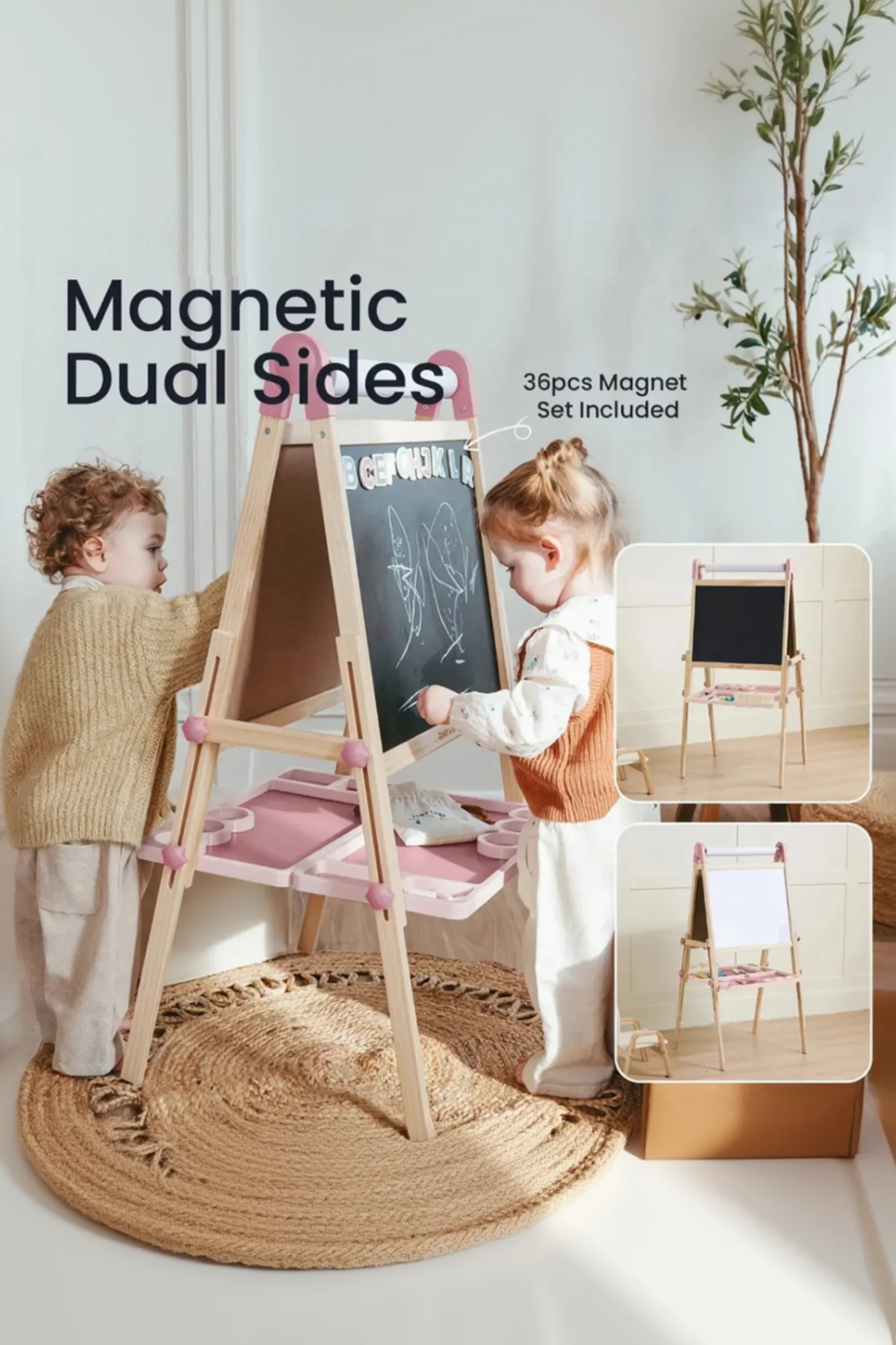 Pink Adjustable Art Easel for Kids, Magnetic Chalkboard, Whiteboard - Image 3