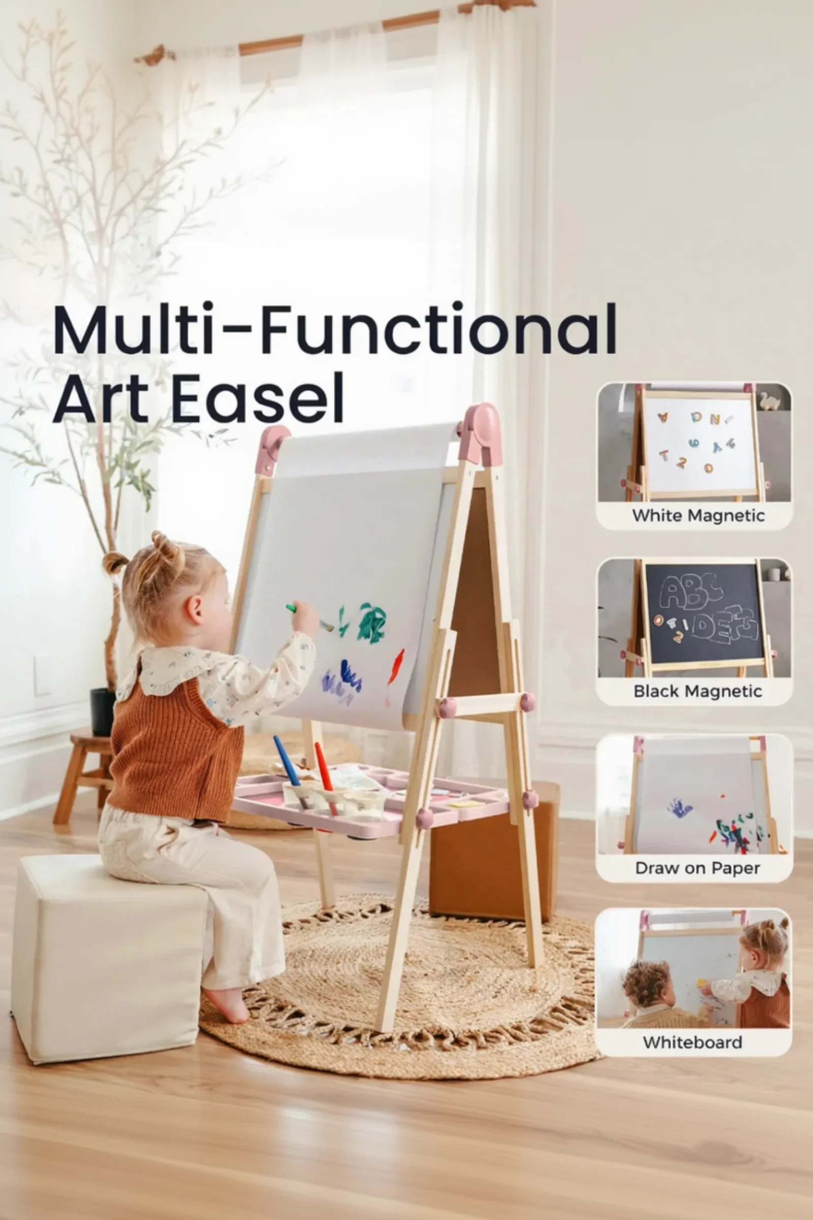 Pink Adjustable Art Easel for Kids, Magnetic Chalkboard, Whiteboard - Image 7
