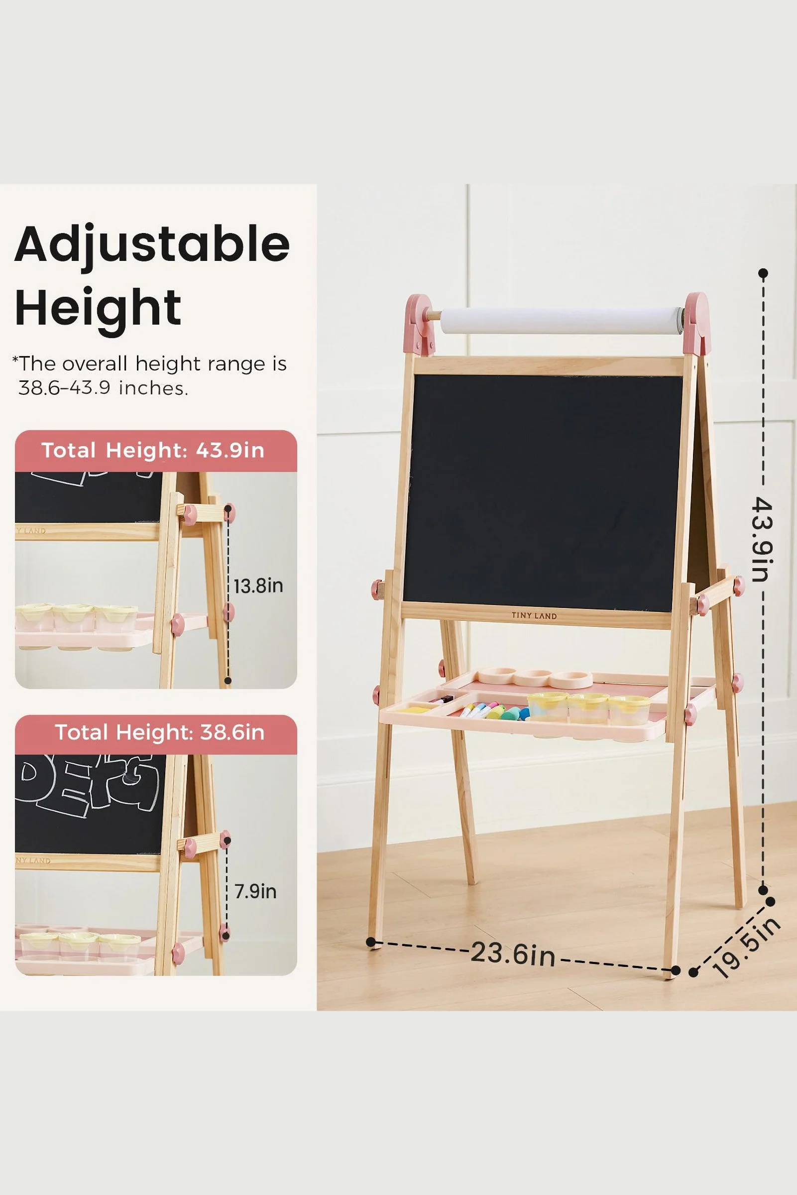 Pink Adjustable Art Easel for Kids, Magnetic Chalkboard, Whiteboard - Image 4