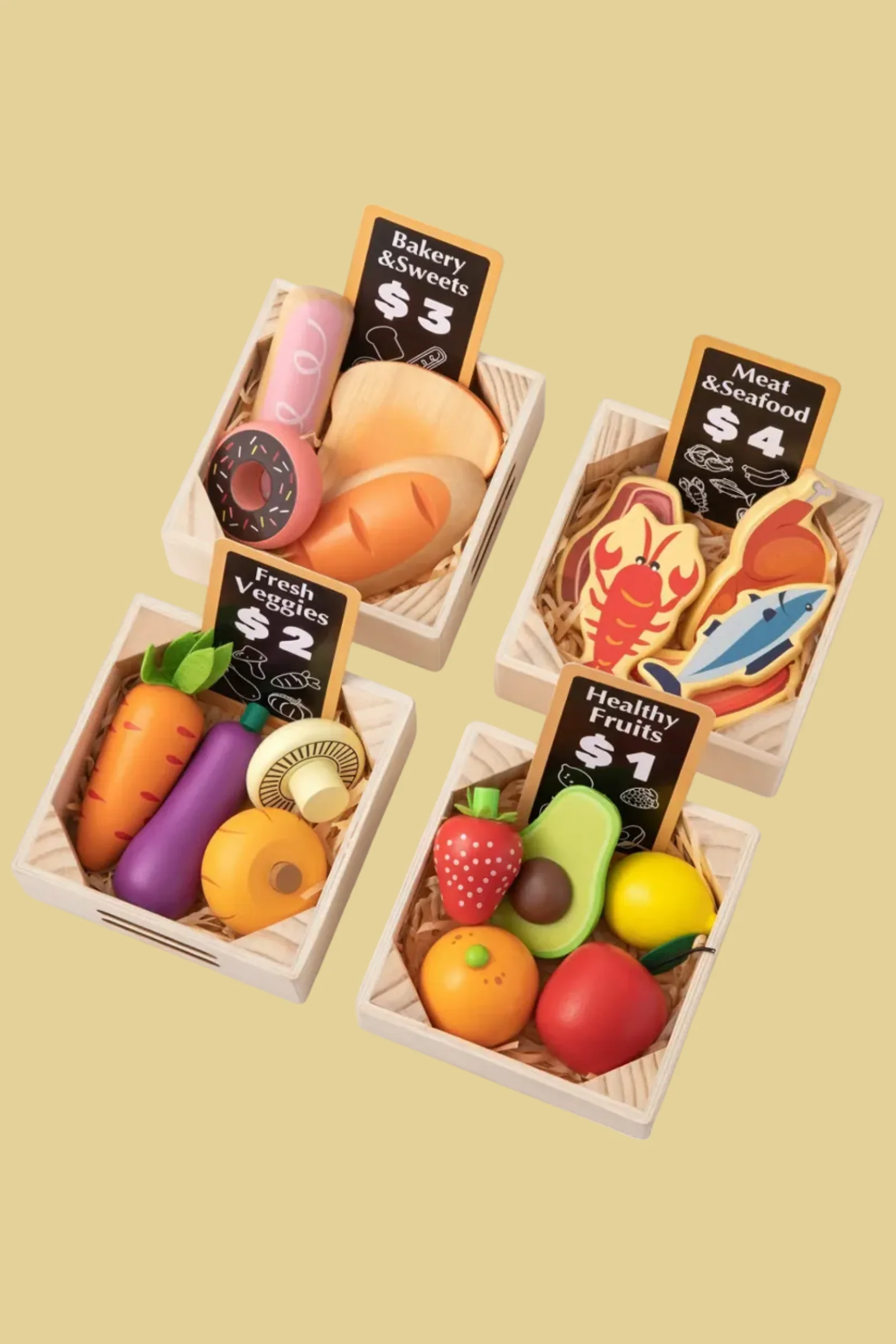 Wooden Play Kitchen Food Set with Shopping Accessories for Kids - Image 3