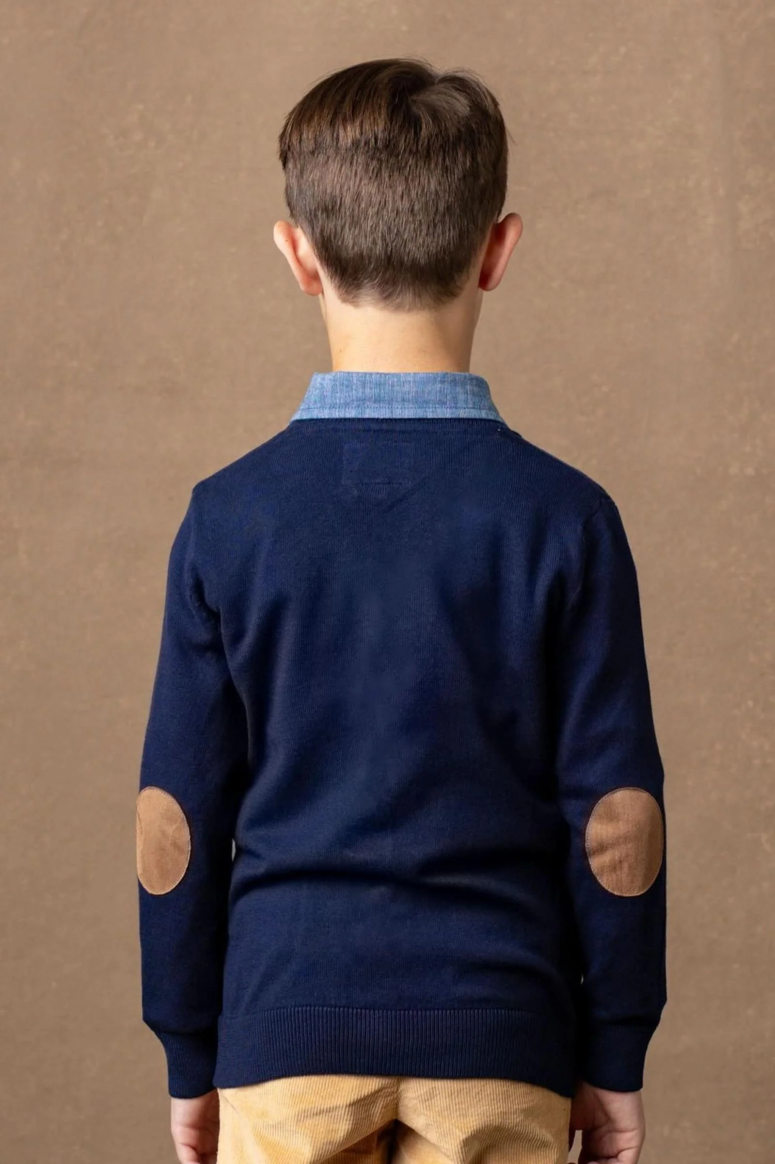 Hope & Henry Tipped Organic Cotton Cardigan with Elbow Patches for Boys, Navy, Sizes 2T-14 - Image 5