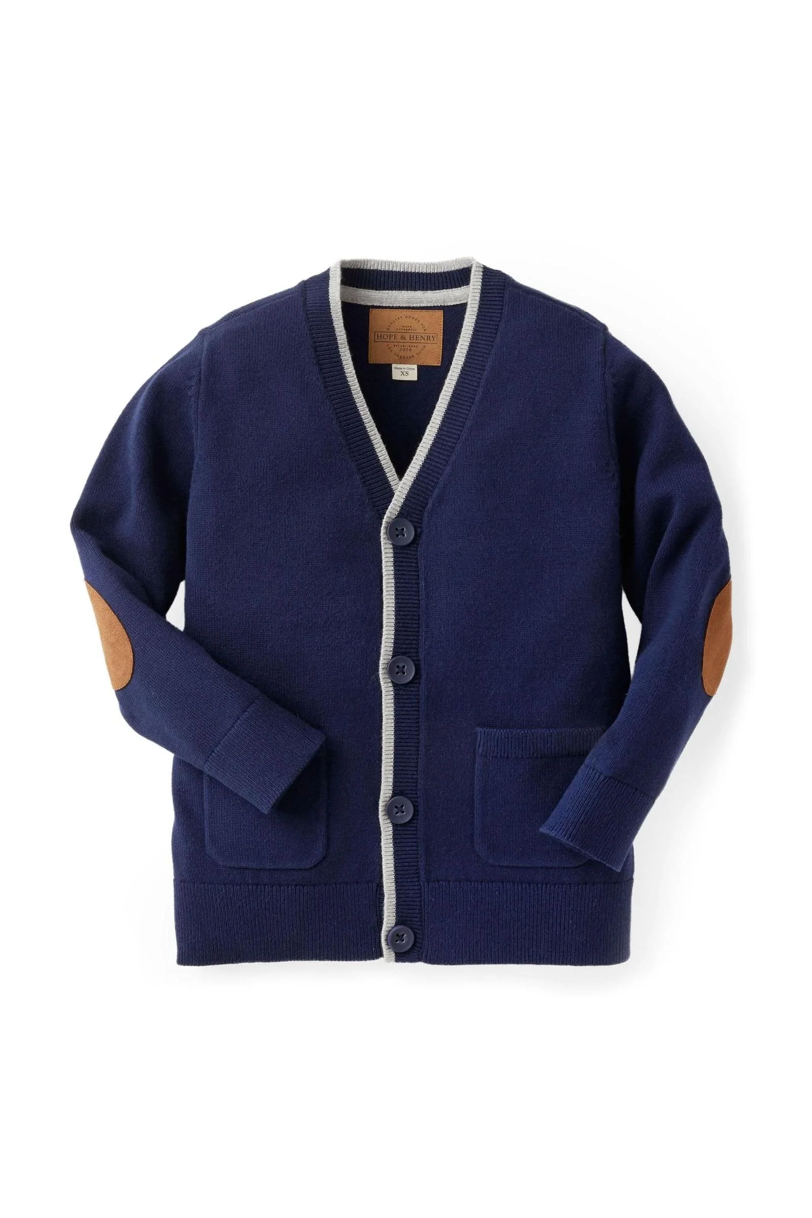 Hope & Henry Tipped Organic Cotton Cardigan with Elbow Patches for Baby Boys, Navy - Image 2