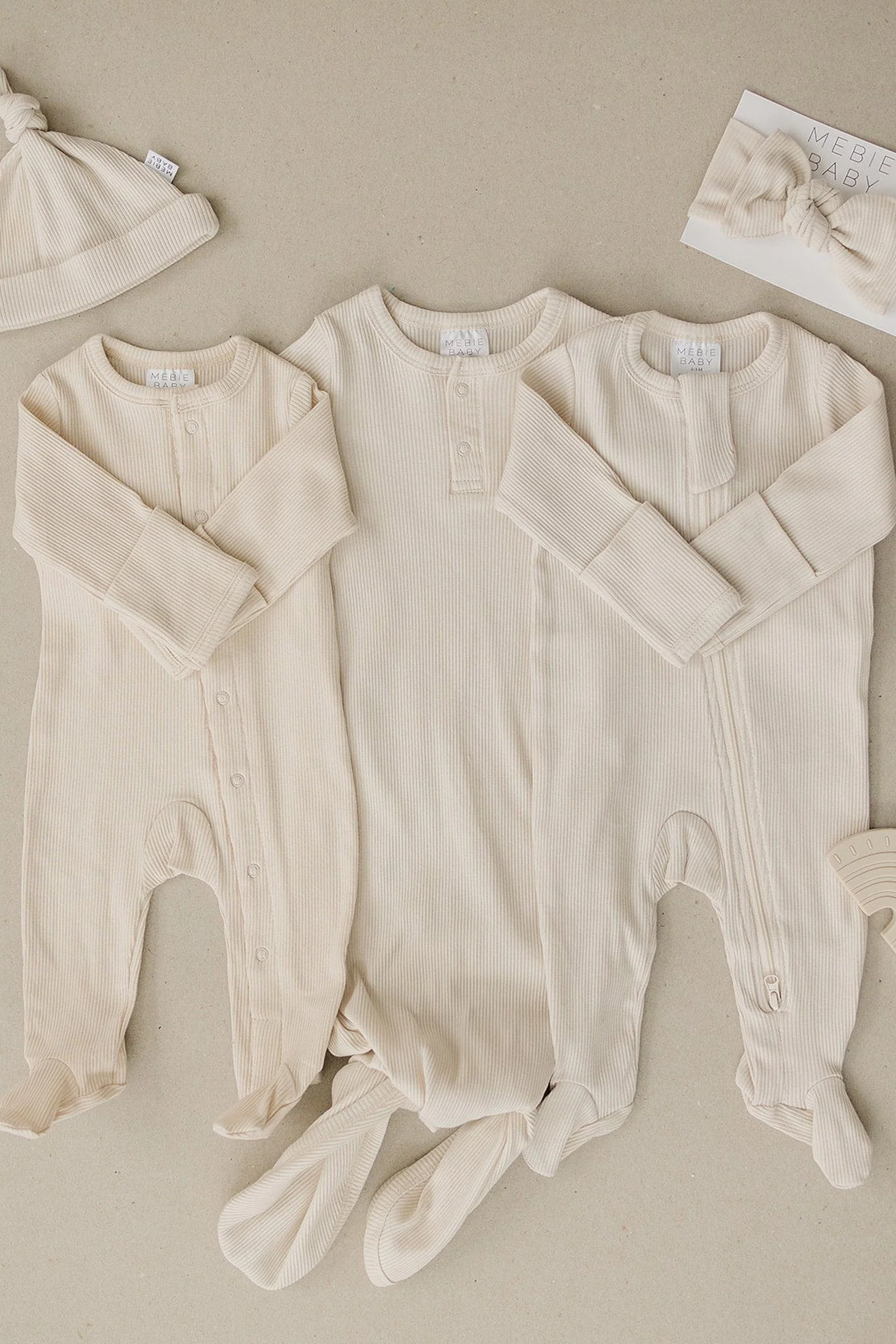 Mebie Baby Vanilla Ribbed Snap Footed Pajama, Organic Cotton, Baby Essentials - Image 4