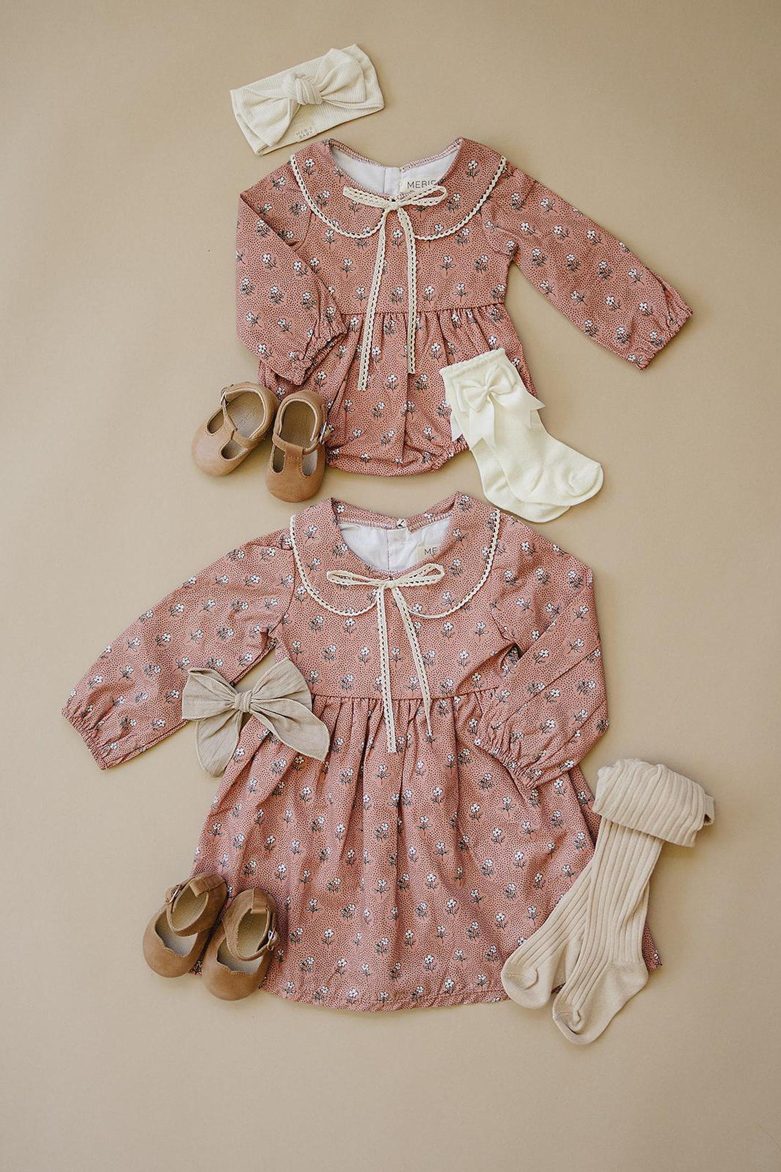 Mebie Baby Vintage Pink Floral Dress with Peter Pan Collar, Cotton, Sizes 2-7 - Image 6