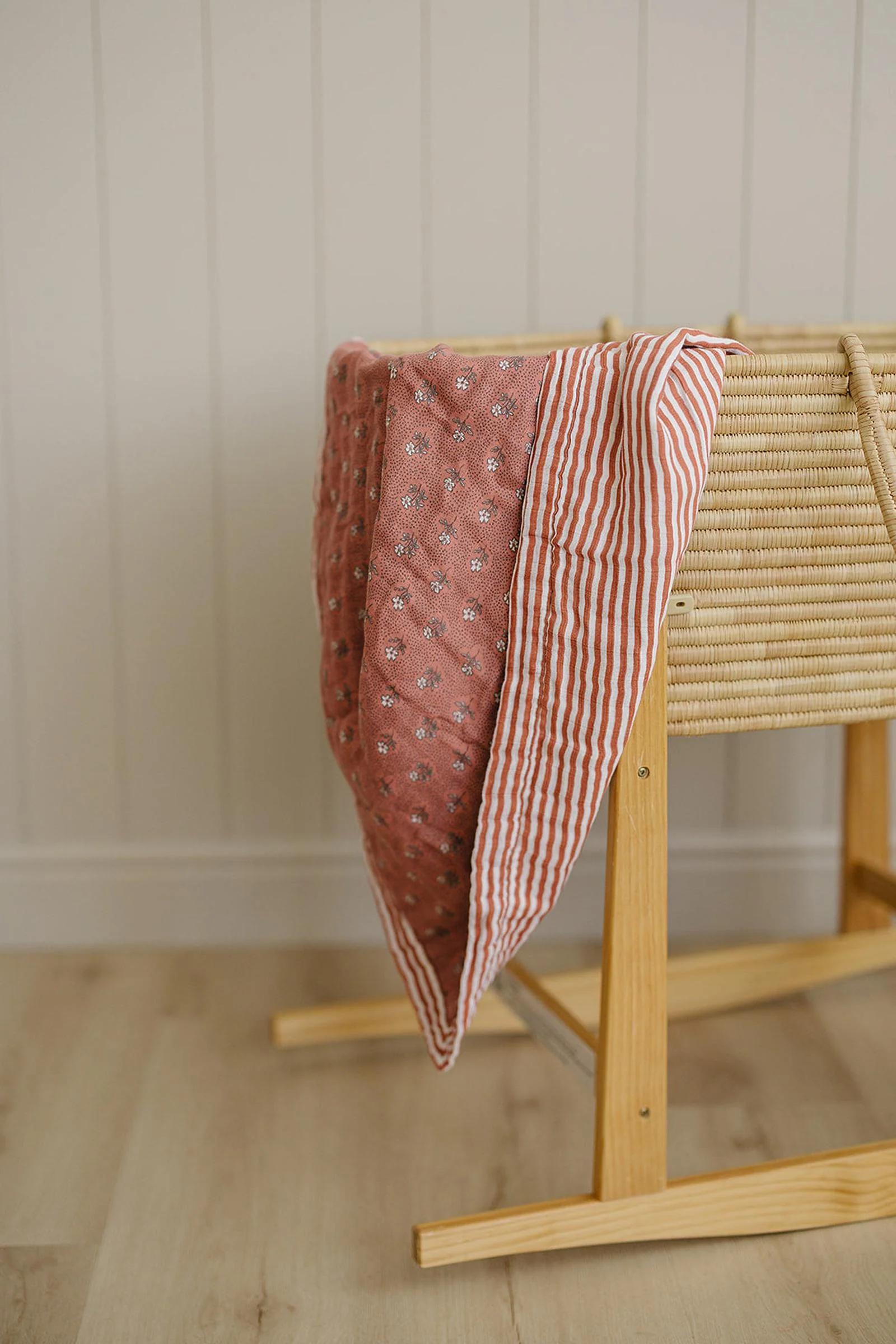 Mebie Baby Vintage Pink Floral + Pink Stripes Muslin Crib Quilt, 100% Cotton, Baby Essentials