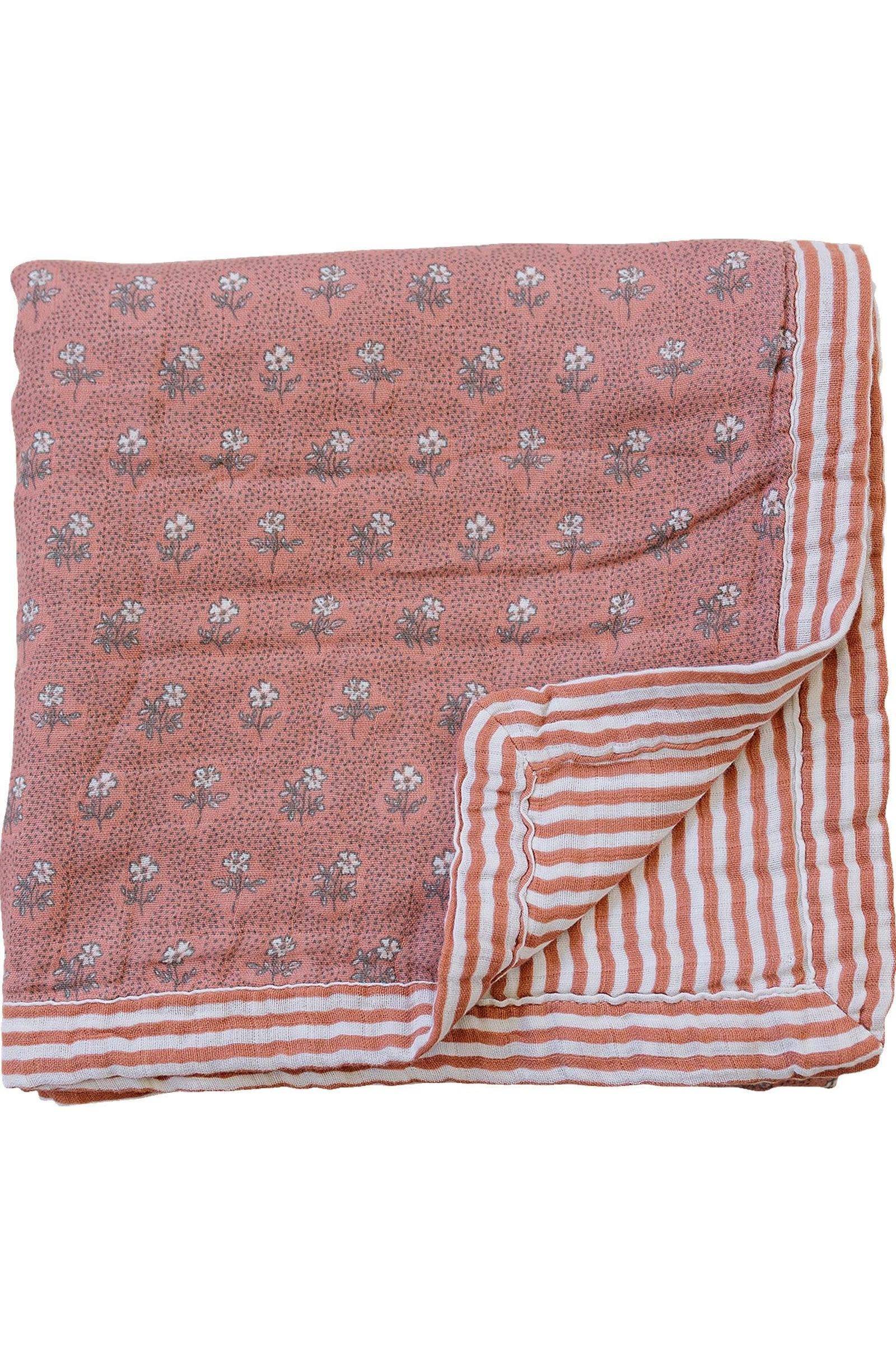 Mebie Baby Vintage Pink Floral + Pink Stripes Muslin Crib Quilt, 100% Cotton, Baby Essentials - Image 2